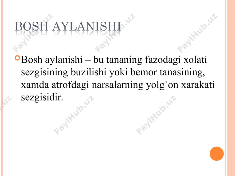 muvozanat va yurishni buzilishi na vestibulyar bosh aylanishga va na yuqorida keltirilganlarga uxshamagan psixogen bosh aylanishi. stress bilan boglik nevrologik xolatlarda va somatotrof buzilishlarda affektiv buzilishlarda shizofreniyada va boshqalarda fobik postural bosh aylanishi- xamma bosh aylanishlar orasida, yaxshi sifatli pozitsion bosh aylanishdan keyin ikkinchi urinda turadi. yaxshi sifatli paroksizmal pozitsion bosh aylanishi vestibulyar neyronit men'er kasalligi perilimfatik fistula labirintit ototoksik preparatlar ta`siri (masalan, aminoglikozidlar guruxiga kiruvchi antibiotiklar, ilmoqli diuretiklar) daxliz-chiganoq nervi nevrinomasi kogan sindromi va boshqalar. kupincha eshitishning buzilishi bilan (quloqlarda shovqin, eshitish pasayishi), u, chiganoq yoki eshitish nervini xamkor zararlanishiga bogliqdir periferik vestibulyar apparat zararlanishidagi nistagm odatda gorizontaldir, kam xollarda rotator. nistagm kuzni uning tez fazasiga qaratganda kuchayadi utkir vestibulyar disfunktsiyada atrofdagi predmetlar odatda nistagmning tez fazasi yunalishi buyicha "aylanadi". yaxshi sifatli paroksizmal pozitsion bosh aylanishini labirint kasalligi deyiladi, unda bosh aylanishi boshning fakat ma`lum bir xolatida paydo buladi. yaxshi sifatli paroksizmal pozitsion bosh aylanishi vestibulyar bosh aylanishining eng …