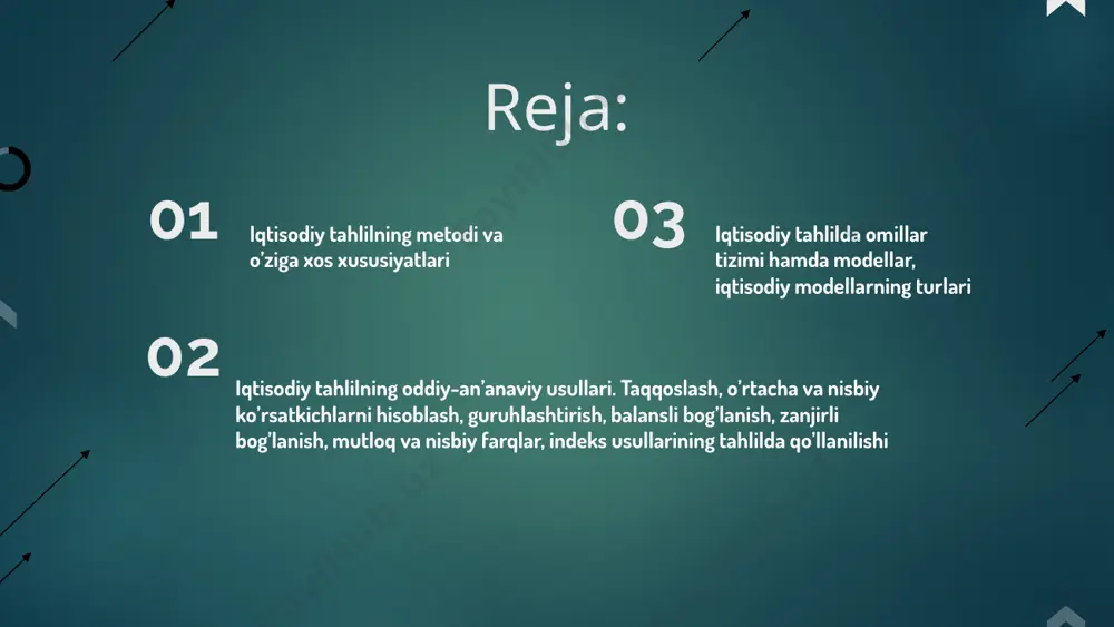 lari va qonuniyatlari o’rganiladi. qiyosiy tahlil quyidagi turlarga ajratib o’rganiladi: gorizontal, vertikal, trend va shuningdek bir o’lchamli va ko’p o’lchamli tahlillar. o’rtacha miqdorlar deb, bir xildagi va bir turdagi hodisalarni o’zgaruvchan belgilari asosida umumlashtirib xarakterlovchi, ta‘riflovchi miqdorlarga aytiladi. moliyaviy tahlil jarayonida o’rtacha miqdorlarning qator turlaridan foydalaniladi: o’rtacha arifmetik miqdorlar; o’rtacha garmonik miqdorlar; o’rtacha geometrik miqdorlar; o’rtacha xronologik miqdorlar; o’rtacha kvadratik miqdorlar. o’rtacha miqdorlarning sodda va amaliyotda keng qo’llaniladigan turi bu o’rtacha arifmetik miqdordir. o’rtacha arifmetik miqdor o’z navbatida oddiy va tortilgan ko’rinishga bo’linadi. o’rtacha miqdorlar balans usuli – o’zaro bog’langan va tenglashtirilgan ikki guruh iqtisodiy ko’rsatkichlar tengliklarini aks ettirish usulidir. bu metod buxgalteriya hisobi va rejalashtirish amaliyotida eng ko’p qo’llaniladigan metod hisoblanadi. balans usuli korxonani aktivlar, kapital va majburiyatlar balansi, debitorlik va kreditorlik majburiyatlari balansi, valyuta balansi, byudjet balansi, resurs balansi tahlilida keng qo’llaniladi. balans usuli zanjirli bog’lanish usulida natijaviy ko’rsatkichning o’zgarishi va uning o’zgarishiga ta‘sir etuvchi omillar tizimli almashtirishlar …