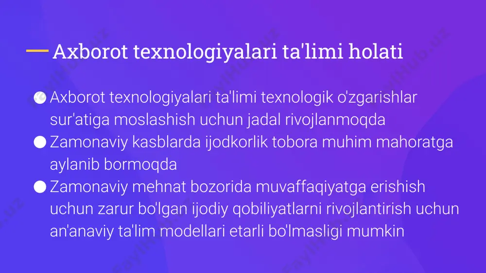 s an important skill in today's job market because it allows individuals to solve complex problems and develop new products and services. while some people may be naturally more creative than others, creativity can be developed and enhanced through practice and exposure to new ideas and experiences. ijodiy fikrlash texnikasi aqliy hujum: qisqa vaqt ichida ko'p sonli g'oyalarni yaratish usulimind-mapping: fikrlarni tartibga solish va bog'lash uchun vizual texnika yanal fikrlash: muammolarga noan'anaviy burchaklardan yondashish usuli there are many techniques for enhancing creative thinking, including brainstorming, mind-mapping, and lateral thinking. brainstorming is a technique for generating a large number of ideas in a short amount of time, while mind-mapping is a visual technique for organizing and connecting ideas. lateral thinking is a technique for approaching problems from unconventional angles, often leading to innovative solutions. ijodiy muammolarni hal qilish ijodiy fikrlash murakkab muammolarni hal qilishda qo'llanilishi mumkinmuvaffaqiyatli muammolarni hal qilish strategiyalari ko'pincha …