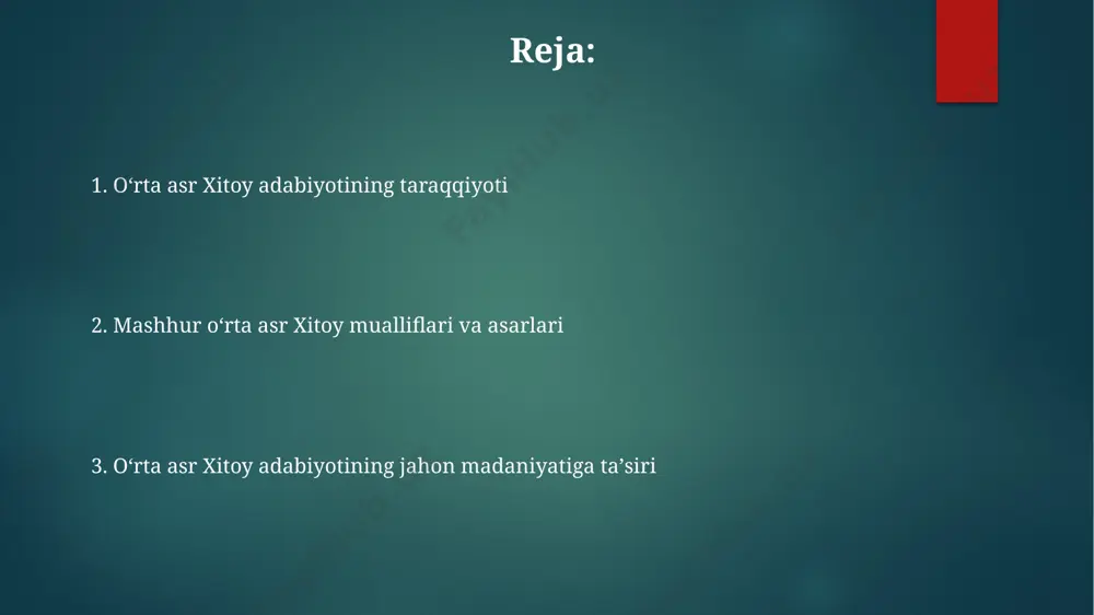 ar toʻplamini oʻz ichiga olgan. ushbu davr sheʼriyatiga xos xususiyatlardan biri, 7 ta hejadan iborat misralarni qoʻllash bilan birga, tabiat tasvirlarining 50% dan koʻproqini egallaganligi hisoblanadi. "klassik sheʼriyatning yangi bosqichi" dagi asarlar, yuan sulolasining siyosiy beqarorlik davriga toʻgʻri kelishiga qaramay, 200 yildan ortiq davom etgan anʼanaviy sheʼriyat uslublaridan sezilarli farqlarga ega edi. tarixiy xronikalar va biografik asarlar кўплаб биографик асарларда, масалан, мин династиясининг "мин ши" асарида 1000 дан ортиқ таниқли шахсларнинг ҳаёти ва фаолияти ҳақида батафсил маълумотлар мавжуд. xiii асрдаги йўан династияси давридаги “юань ши” каби тарихий хроникаларда 300 дан ортиқ мамлакатлар ва ҳудудлар ҳақида маълумотлар берилган. "сун ши" каби кенг кўламли тарихий хроникаларда 1127 йилда жужуаннинг шимолий сун сулоласига ҳужуми каби муҳим тарихий воқеалар батафсил тасвирланган. "tsu-si" uslubidagi asarlar ushbu uslubdagi asarlarning til xususiyatlari, xususan, soddaligi va xalq og'zaki ijodidan olingan elementlarning ko'pligi bilan ajralib turadi, bu esa 200 dan ortiq qo'lyozma va chop etilgan nusxalarda yaqqol ko'rinadi. "tsu-si" …
