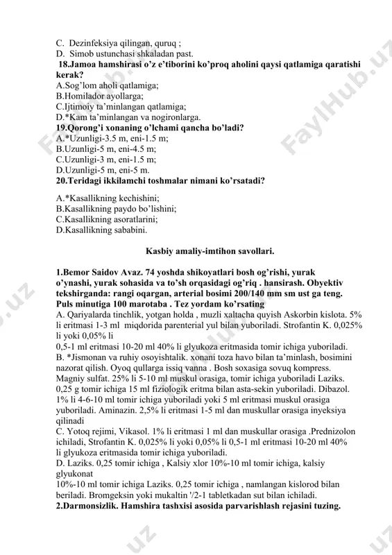 ga yuboriladi laziks. 0,25 g tomir ichiga 15 ml fiziologik eritma bilan asta-sekin yuboriladi. dibazol. 1% li 4-6-10 ml tomir ichiga yuboriladi yoki 5 ml eritmasi muskul orasiga yuboriladi. aminazin. 2,5% li eritmasi 1-5 ml dan muskullar orasiga inyeksiya qilinadi c. yotoq rejimi, vikasol. 1% li eritmasi 1 ml dan muskullar orasiga .prednizolon ichiladi, strofantin k. 0,025% li yoki 0,05% li 0,5-1 ml eritmasi 10-20 ml 40% li glyukoza eritmasida tomir ichiga yuboriladi. d. laziks. 0,25 tomir ichiga , kalsiy xlor 10%-10 ml tomir ichiga, kalsiy glyukonat 10%-10 ml tomir ichiga laziks. 0,25 tomir ichiga , namlangan kislorod bilan beriladi. bromgeksin yoki mukaltin '/2-1 tabletkadan sut bilan ichiladi. 2.darmonsizlik. hamshira tashxisi asosida parvarishlash rejasini tuzing. 3.bemorda bel sohasida o`griq ,harakatni cheklanishi,og`ir yuk ko`targanda zirqiragan ogriq kuzatilishi shikoyati bo`lsa bemorda qaysi kasllik haqida fiklash mumkin? a.buyrak tosh kasalligi. b. buyrak yallig`lanish kasalligi s. bel-dumg`aza radikulti . d. jigar kasalligi 4.buyrak sanchig`ida …