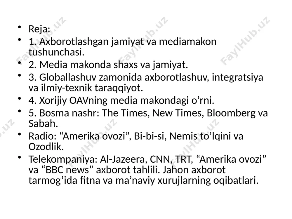 ning eng dolzarb fenomenlaridan biri boʻlib, koʻplab mutaxassislar oʻz ishlarida shu tushunchaga oʻz tavsiflarini berishgan. quyida shulardan eng ommaboplarini koʻrib chiqamiz: 1. axborot jamiyati tushunchasi — axborot-kommunikatsiya texnologiyalari toʻliq qoʻllangan va ijtimoiy-iqtisodiy rivojlanishning omili sifatida kundalik hayotning bir qismi boʻlgan mamlakat yoki mintaqani nazarda tutadi. 2. axborot jamiyati — bu axborotni yaratish, tarqatish, foydalanish, birlashtirish va manipulyatsiya qilish muhim iqtisodiy, siyosiy va madaniy faoliyat boʻlgan jamiyat. 3. axborot jamiyati shunday jamiyatki, unda asosiy mahsulot yoki boshqa mahsulotlar uchun zaruriy shart axborot boʻladi. aslida, axborot jamiyatida ishchilarning natijalari va tashkilotlarning muvaffaqiyati ularning axborotdan foydalanish qobiliyatiga bogʻliq. 4. axborot jamiyati — bu axborot kommunikatsiya texnologiyalariga asoslangan ijtimoiy munosabatlar yigʻindisidir. ushbu jamiyatning diqqat markazida axborot bilimga taʼsir qiluvchi element sifatida koʻriladi 5. axborot jamiyati — bu asosiy drayverlari raqamli axborot-kommunikatsiya texnologiyalari boʻlgan postindustrial jamiyat. 6. axborot jamiyati — aksariyat fuqarolarning kundalik hayotida va ish joylarida yuqori darajadagi axborot intensivligi bilan ajralib turadigan jamiyat; …