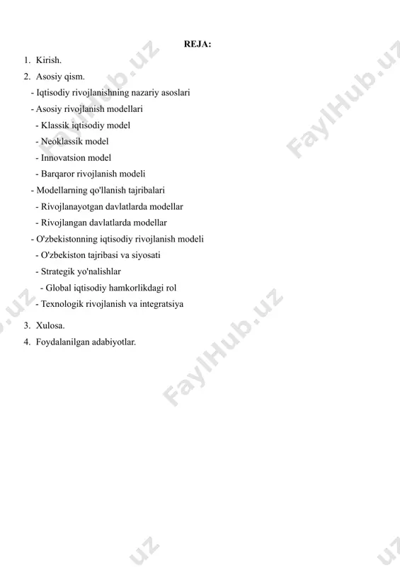 ab, iqtisodiy siyosatni samarali tashkil etishga intiladilar. jumladan, harrod-domar modeli sarmoyaning iqtisodiy o‘sishga ta’sirini o‘rganishga yo‘naltirilgan bo‘lsa, solow-swan modeli texnologik taraqqiyot va kapitalning samaradorligini tahlil qilishga asoslanadi. shuningdek, rostowning bosqichma-bosqich rivojlanish nazariyasi jamiyatlarning rivojlanish jarayonini turli bosqichlarga ajratib ko‘rsatadi. o‘zbekistonda amalga oshirilayotgan iqtisodiy islohotlar ham iqtisodiy rivojlanish modellaridan samarali foydalanishni talab qiladi. davlat siyosati iqtisodiy barqarorlikni ta’minlash, mahalliy va xalqaro bozorlarda raqobatbardoshlikni oshirishga qaratilgan. xususan, texnologik yangiliklarni joriy etish, aholini sifatli ta’lim bilan ta’minlash, investitsiyalarni jalb qilish va samarali boshqaruv tizimini shakllantirish mamlakat iqtisodiyotini rivojlantirishda muhim ahamiyat kasb etmoqda. mazkur referatda iqtisodiy rivojlanish modellari tahlil qilinib, ularning asosiy tamoyillari, xususiyatlari va qo‘llanilishi ko‘rib chiqiladi. shuningdek, ushbu modellarning afzalliklari va cheklovlari, amaliyotdagi o‘rni hamda zamonaviy iqtisodiy muammolarni hal etishda tutgan o‘rni yoritib beriladi. iqtisodiy rivojlanish jamiyat ichidagi iqtisodiy, ijtimoiy va siyosiy tuzilmalarni rivojlantirishni o'z ichiga olgan milliy taraqqiyotning asosi bo'lib xizmat qiladi. xalqlar turmush darajasini ko'tarish, qashshoqlikni kamaytirish va jahon miqyosida …