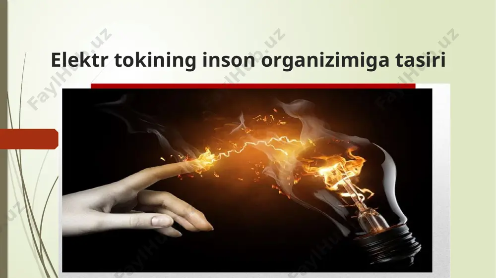 ganizmini boshqara olmaydi, natijada inson uchun xayot faoliyatining ba’zi bir funksiyalari bajarilmay qoladi: nafas olishning yomonlashuvi, qon aylanish tizimining ishlamay qolishi va x.k. insonni tok urish holati to’rt darajada baholanadi: i-daraja – muskullar qisqaradi, inson tok ta’siridan chiqib ketadi, xushini yo’qotmaydi; ii-daraja – muskullar qisqaradi, inson xushini yo’qotadi, ammo yurak va nafas olish faoliyati ishlab turadi; iii-daraja – inson xushini yo’qotadi, nafas olish tizimi yoki yurak uri­shi to’xtab qoladi; iv-daraja – klinik o’lim holati, bunda insonda xech qanday xayot alomatlari (qon aylanishi, nafas olishi, yurak urishi) ko’rinmay qoladi; klinik o’lim holati bu xayot bilan o’lim oralig’i bo’lib, ma’lum vaqtgacha inson ichki imkoniyatlar hisobiga yashab turadi. shu holatda yurak faoliyati va nafas olishi to’xtaydi, insonda hech qanday hayot alomatlari sezilmaydi. klinik o’lim holati 5-8 minut davom etadi. shu davrda hech qanday yordam berilmagan taqdirda miya hujayralari parchalanib, qaytarilmas — biologik o’limga o’tib ketadi. biologik o’lim — qaytarib bo’lmaydigan jarayon bo’lib, organizmdagi …
