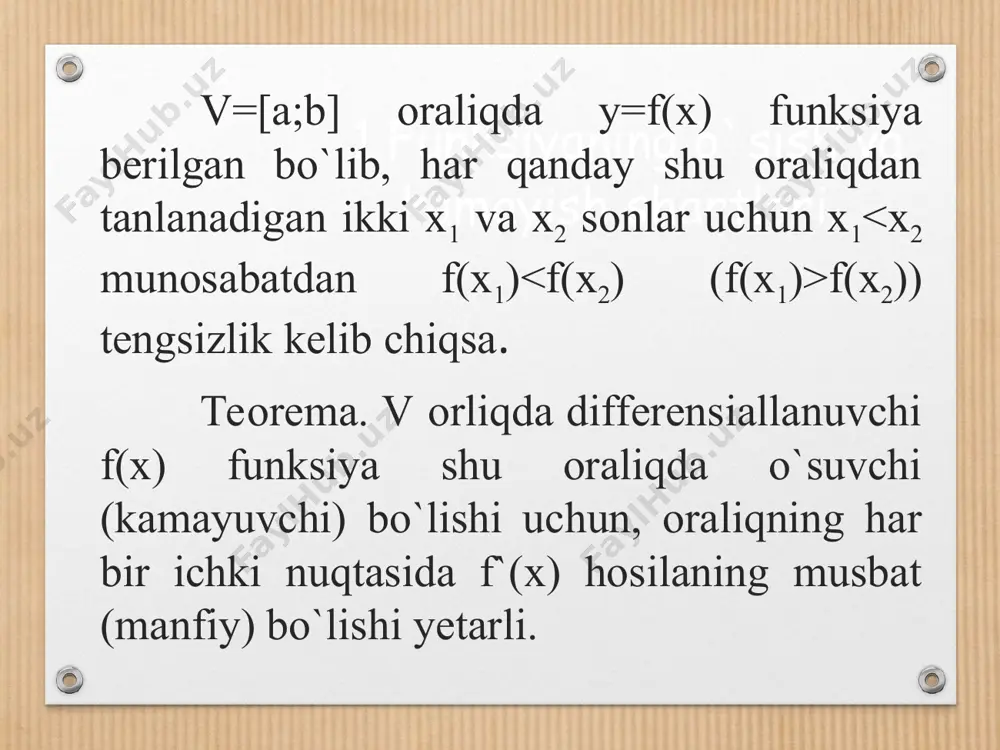 a’rif. x0 nuqta atrofida berilgan y=f(x) funksiya uchun, x0 nuqta burilish nuqtasi deyiladi, agarda x0 nuqta y=f(x) funksiyaning botiqlik va qavariqlik intervallarini ajratib turuvchi chegaraviy nuqta bo‘lsa. burilish nuqta ta’rifidan, ular f '(x) funksiya hosilasining ekstremum nuqtalari bo’lishi kelib chiqadi. * * teorema. (burilish nuqtasining zaruriy sharti). ikkinchi tartibli hosilaga ega bo‘lgan y=f(x) funksiya uchun x0 nuqta egilish nuqtasi bo‘lsa, u holda f''(x0)=0. teorema. (burilish nuqtasining yetarli sharti). agar ikkinchi tartibli hosilaga ega bo‘lgan y=f(x) funksiya uchun f ''(x) hosila x0 nuqta atrofida o‘z ishorasini o‘zgartirsa, x0 nuqta y=f(x) funksiyaning egilish nuqtasi bo‘ladi. funksiya qavariqlik, botiqlik oraliqlarni va burilish nuqtalarini topish algoritmi: 1. f ''(x) hosilani topish; 2. f''(x0)=0 tenglamani yechish va f ''(x) hosila mavjud bo’lmagan nuqtalarni topish, ya’ni f '(x) hosilaning kritik nuqtalarini topish; 3. f '(x) ning kritik nuqtalari atrofida f ''(x) hosilaning ishorasini aniqlash. buning uchun f ''(x) > 0 va f ''(x) î¥þ> 3 x …