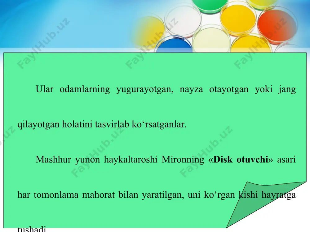 mi boshlanadigan joyda tugib qo‘yiladi. karkasning tayanch oyoq qismi taxtachaga mustahkamlanadi. karkaslarga loyni yopishtirish, mustahkamlash uchun yog‘ochdan tayyorlangan bolg‘achalardan, ayrim hollarda to‘rtburchak reykalardan foydalanish o‘rinli hisoblanadi. haykaltaroshlik mashg‘ulotlarida plastilin, loy va shamotdan haykallar yasash uchun qattiq yog‘och va simdan tayyorlangan steklar ishlatiladi. ulardan ortiqcha loyni olish hamda kichik va nozik detallarni ishlash uchun foydalaniladi. tayyorlangan steklarga loy va plastilin yopishib qolmasligi uchun avval ular jilvirlanib, keyin esa, alif yoki lok bilan yaxshilato‘yintiriladi. mashg‘ulotlar jarayonida ko‘proq steklar bilan emas, qo‘l barmoqlari bilan ishlash lozim, chunki qo‘l hajm, harakatni his etish, uni tasvirlay olish malakalarini shakllantirishda asosiy vazifani bajaradi. *