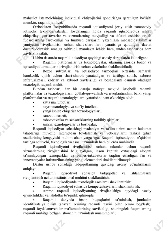 buning yordamida texnik vositalar bir-birlariga mazmunli ma'lumotlarni qabul qilishadi va uzatadilar. ushbu texnologiyalardan foydalanish yagona kutubxonaning raqamli (axborot) makonini yaratishni o'z ichiga oladi, uning yordamida kutubxonalarning barcha axborot tizimlari va ularning jihozlari o'z taqdimotining turli shakllaridan foydalangan holda tez va tezkor ravishda ma'lumot almashishlari mumkin. raqamli iqtisodiyot uning ishtirokchilarining raqamli o'zaro ta'sirini tashkil etadigan jamoat raqamli makonidan faol foydalanadi. ushbu makonda jamiyat aholisining faoliyati va qiziqishlari to'g'risidagi ob'ektiv raqamli ma'lumotlar mavjud bo'lib, ular ularga zarur bo'lgan jarayonlar va hodisalarni tezkor ravishda kuzatib borish, ularning ijtimoiy va madaniy hayotidagi yangiliklarni faol qo'llab-quvvatlash imkonini beradi. to'rtinchi sanoat inqilobining qiyofasini shakllantirish jarayonida raqamli iqtisodiyot, raqamli ma'lumotlar va raqamlashtirish kabi tushunchalar paydo bo'ldi va yangi tarkibni oldi; raqamli iqtisodiyot uning ishtirokchilarining raqamli o'zaro ta'sirini tashkil etadigan jamoat raqamli makonidan faol foydalanadi. ushbu makonda jamiyat aholisining faoliyati va qiziqishlari to'g'risidagi ob'ektiv raqamli ma'lumotlar mavjud bo'lib, ular ularga zarur bo'lgan jarayonlar va hodisalarni tezkor ravishda kuzatib …