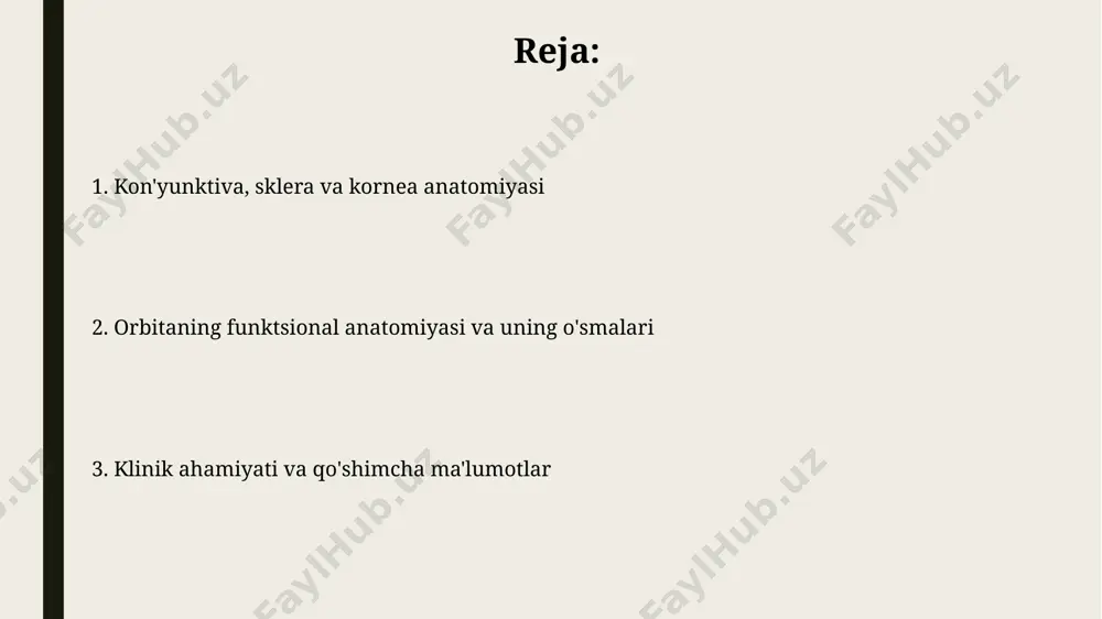 digan mushak (m. levator palpebrae superioris) yuqori qovoqni ko'taradi va uning innervatsiyasi iii bosh miyaga tegishli bo'lib, 4 ta to'g'ri va 2 ta qiyshiq ko'z mushaklari bilan birgalikda ko'z harakatlarini ta'minlaydi. yuqori va pastki qiyshiq ko'z mushaklari (m. obliquus superior et inferior) ko'zning aylanma harakatlarini ta'minlaydi, ularning faoliyati iii va vi bosh miya nervlari orqali boshqariladi. orbit o'smalarining diagnostikasi orbitaning o'smalarini aniqlashda biopsiya, histologik tekshiruv va immunogistokimyoviy tahlillar qo'llaniladi, bu o'smaning turi va darajasini aniqlashga yordam beradi, masalan, 80% hollarda aniq tashxis qo'yish imkonini beradi. ko'z soqqasining o'smalarini differensial diagnostikasi da 5 ta asosiy guruhlarga bo'linadi va har bir guruh o'ziga xos klinik ko'rinish, tasvirlash usullari natijalari va davolash usullariga ega. skleraning kasalliklari sklera qalinlashuvi (skleroz) yoki ingichkalashuvi (ekstaziyasi) bir necha millimetrgacha oʻzgarishlarga olib kelishi va koʻzning ichki bosimini oʻzgartirishi mumkin. skleraning kollagen tolalarining degenerativ oʻzgarishlari, masalan, skleromalasiya, koʻzning 20-40 yosh oraligʻidagi odamlarda uchraydigan, koʻrish keskinligini pasaytiruvchi kasallik hisoblanadi. orbit …