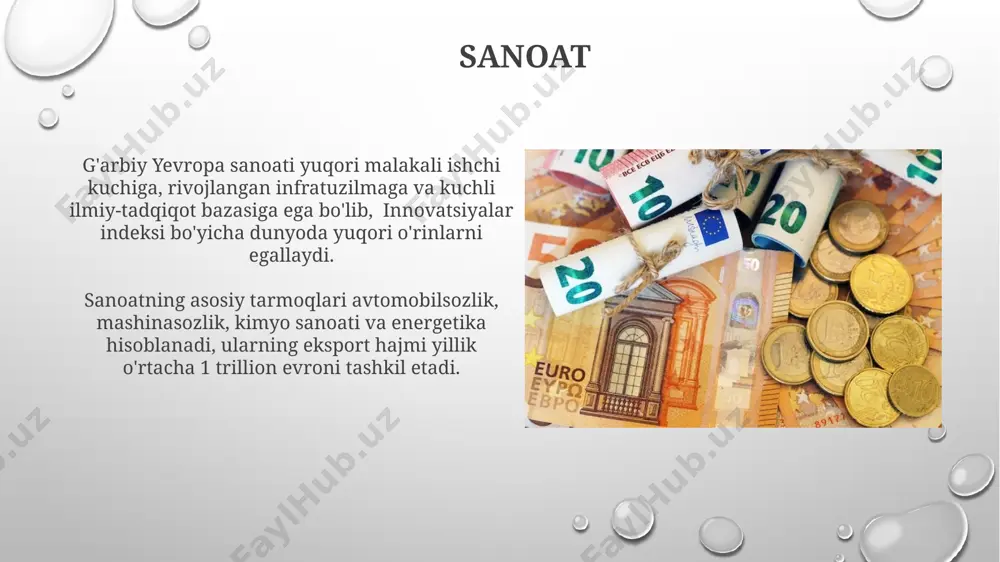 i yaratadi. davlat qarzi davlat qarzlari bo'yicha foiz to'lovlari byudjetning katta qismini egallaydi va ijtimoiy dasturlar va infratuzilma loyihalariga sarflanadigan mablag'larni kamaytiradi. g'arbiy yevropa mamlakatlarining davlat qarzi yaimning o'rtacha 85% ni tashkil etadi, bu esa iqtisodiy o'sish va investitsiyalar uchun potentsial xavf tug'diradi. yevropa ittifoqining ta'siri еининг таъсири остида мамлакатларнинг ижтимоий-иқтисодий кўрсаткичларида, хусусан, яшаш даражасида 10-15% ўсиш кузатилган бўлиб, бу асосан иш ўринларининг кўпайиши ва ишлаб чиқаришнинг ривожланиши билан изоҳланади. еига аъзолик мамлакатларнинг яим ўсишида ўртача 2% гача ижобий таъсир кўрсатгани кузатилган, бу эса савдо ҳажмининг ошиши ва инвестицияларнинг кўпайиши билан боғлиқ. yaim va yaimning o'sish sur'ati g'arbiy yevropa mamlakatlarining yaim o'sish sur'ati 2022-yilda o'rtacha 3,2% ni tashkil etdi, bu esa covid-19 pandemiyasidan keyingi tiklanishni aks ettiradi. fransiya va buyuk britaniyaning yaim o'sish sur'ati 2022-yilda taxminan 2,5% va 4% ni tashkil etdi, bu esa davlatlararo farqlarni ko'rsatadi. e'tiboringiz uchun rahmat @taqdimot_robot image3.png image4.jpg image5.jpg image6.jpg image7.jpg image8.jpg image9.jpg image10.jpg image11.jpg …