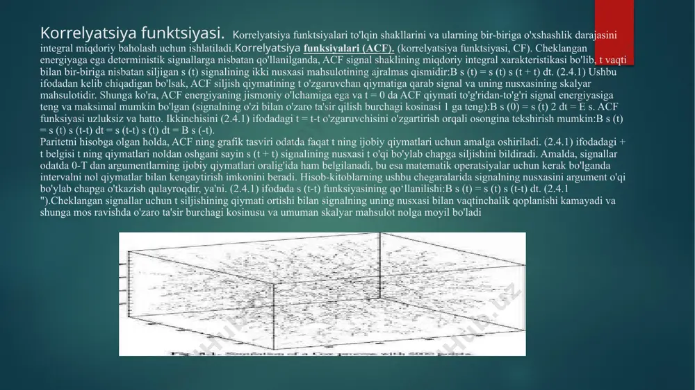 cf energiyaning jismoniy o'lchamiga ega va t = 0 da acf qiymati to'g'ridan-to'g'ri signal energiyasiga teng va maksimal mumkin bo'lgan (signalning o'zi bilan o'zaro ta'sir qilish burchagi kosinasi 1 ga teng):b s (0) = s (t) 2 dt = e s. acf funksiyasi uzluksiz va hatto. ikkinchisini (2.4.1) ifodadagi t = t-t o'zgaruvchisini o'zgartirish orqali osongina tekshirish mumkin:b s (t) = s (t) s (t-t) dt = s (t-t) s (t) dt = b s (-t). paritetni hisobga olgan holda, acf ning grafik tasviri odatda faqat t ning ijobiy qiymatlari uchun amalga oshiriladi. (2.4.1) ifodadagi + t belgisi t ning qiymatlari noldan oshgani sayin s (t + t) signalining nusxasi t o'qi bo'ylab chapga siljishini bildiradi. amalda, signallar odatda 0-t dan argumentlarning ijobiy qiymatlari oralig'ida ham belgilanadi, bu esa matematik operatsiyalar uchun kerak bo'lganda intervalni nol qiymatlar bilan kengaytirish imkonini beradi. hisob-kitoblarning ushbu chegaralarida signalning nusxasini argument o'qi bo'ylab chapga …