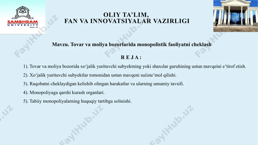 iyalar vazirligi 3 tovar bozori tovarning o‘zbekiston respublikasi hududidagi yoki uning bir qismidagi muomala doirasi bo‘lib, u respublikaning ma’muriy-hududiy bo‘linishiga mos kelishi yoki mos kelmasligi mumkin 4 xo‘jalik yurituvchi subyektlar tovarlar ishlab chiqarish, sotish, sotib olish va xizmatlar ko‘rsatish faoliyati bilan shug‘ullanuvchi barcha tashkiliy-huquqiy shakldagi yuridik shaxslar, shu jumladan xorijiy yuridik shaxslar, ularning birlashmalari, shuningdek yuridik shaxs tashkil etmagan holda tadbirkorlik faoliyati bilan shug‘ullanayotgan jismoniy shaxslar tushuniladi oliy ta’lim, fan va innovatsiyalar vazirligi 5 raqobat xo‘jalik yurituvchi subyektlarning musobaqalashuvi bo‘lib, bunda ularning mustaqil harakatlari har bir subyekt tomonidan tegishli tovar bozoridagi tovarlar muomalasining umumiy shart-sharoitlariga ta’sir ko‘rsatish imkoniyatini cheklaydi 6 insofsiz raqobat xo‘jalik yurituvchi subyektlarning tadbirkorlik faoliyatida ustunlikni qo‘lga kiritishga qaratilgan, qonun hujjatlariga va ish muomalasi odatlariga zid bo‘lgan, ular o‘rtasida musobaqalashuvni istisno etadigan va amalga oshirilishi natijasida xo‘jalik yurituvchi subyektlarga tegishli tovar bozorida tovarlar muomalasining umumiy shart-sharoitlariga ta’sir ko‘rsatish imkonini beradigan harakatlari tushuniladi oliy ta’lim, fan va innovatsiyalar vazirligi …