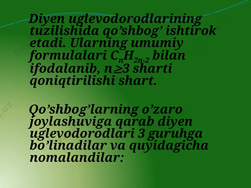 chi ishqor ishtirokida aldol kondensatlanish reaksiyasiga uchratiladi: 2сн3 – сн = о  сн3 – сн(он) – сн2­ – сн = о aldol aldol qaytarilganda ikki atomli spirt – 1,3 – butandiol hosil bo`ladi, so`ngra bu modda fosfat kislota katalizatorligida degidratlanadi va divinal olinadi: сн3–сн(он)–сн2–сно + н2сн3–сн(он)–сн2–сн2он сн3–сн(он)–сн2–сн2он  сн2=сн – сн=сн2 + 2н2о 1 , 3 – butandiol divinil keyinroq asetilendan divinil olishning boshqa usuli ham topildi. bu usulga binoan asetilen formaldegid bilan kondensatlash reaksiyasiga uchratiladi. hosil bo`lgan birikma (1,4 – butindiol) avval gidrogenlanadi va so`ngra degidratlanadi. сн сн + 2сн2о  но–сн2–сс–сн2–он 1,4 – butindiol но–сн2–сс-сн2–он + 2н2  но–сн2–(сн2)2 –сн2–он 1,4 – butandiol но–сн2–сн2–сн2–сн2–он  сн2=сн–сн=сн2 + 2н2о a.e. favorskiy kashf etgan usulga muvofiq aseton, asetilen va o`yuvchi ishqor yoki natriy amid aralashmasi qizdirilib karbinol (metil-butinol) hosil qilinadi. so`ngra bu karbinolni degidratlash prosessiga uchratib, quyidagi reaksiyaga binoan izopren olinadi: fizikaviy hossalari. divinil oddiy sharoitda gaz, qaynash temperaturasi- …