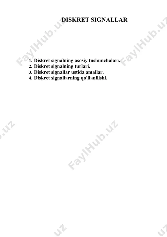 aqt intervali: diskret signalning qiymatlari faqat ma'lum bir n1≤n≤n2n_1 \leq n \leq n_2n1​≤n≤n2​ oralig‘ida mavjud bo‘lib, bu yerda: · n1n_1n1​: signal boshlanishining minimal diskret vaqti. · n2n_2n2​: signal tugashining maksimal diskret vaqti. 2. qolgan vaqt nuqtalari: vaqtning boshqa nnn-lari uchun signal qiymati: x[n]=0,n n2.x[n] = 0, \quad n n_2.x[n]=0,n n2​. 3. cheklangan signalga misol: x[n]={1,0≤n≤30,boshqa hollardax[n] = \begin{cases} 1, & 0 \leq n \leq 3 \\ 0, & \text{boshqa hollarda} \end{cases}x[n]={1,0,​0≤n≤3boshqa hollarda​ bu signal faqat n=0,1,2,3n = 0, 1, 2, 3n=0,1,2,3 vaqt nuqtalarida aniqlangan va qolgan vaqtlar uchun qiymati nol. vaqt bo‘yicha cheklanganlikning afzalliklari 1. tahlil qilish qulayligi: signalni cheklangan vaqt oralig‘ida o‘rganish hisoblash jarayonlarini qisqartiradi. masalan, fourier yoki z-transformatsiya faqat cheklangan nnn-lar bo‘yicha amalga oshiriladi. 2. hajmni tejash: raqamli tizimlarda faqat kerakli ma’lumotlar saqlanadi, bu esa xotira sarfini kamaytiradi. 3. simulyatsiya va amaliy dasturlar uchun qulaylik: signal faqat cheklangan vaqt oralig‘ida ko‘rib chiqilgani sababli, uni raqamli tizimlarda modellashtirish osonlashadi. …