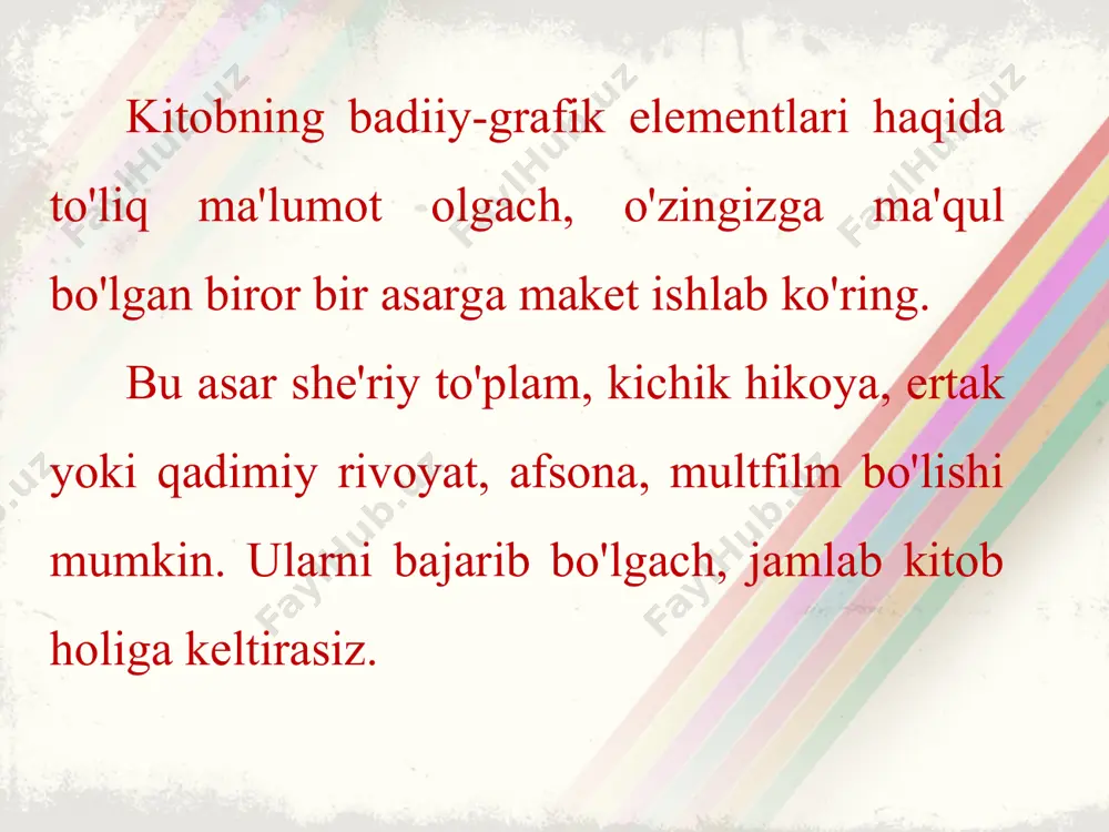 qismi, qalinligi, qalinligidan blok tikilgan joyigacha va 1,2 mm oraliq qoldirilgan ustki qismidan iborat bo'ladi. ularni shu tartibda har tomonidan buklab yopishtirish uchun yetarli bo'lgan matoga yoki chidamli qog'ozga yopishtirib chiqamiz. matoning to'rtta burchagi 45 qiyalikda qirqib tashlanadi va buklab, kartonning orqa tomoniga yopishtiriladi. tayyor bo'lgan muqovani blokka kiygizib, awal forzatsning chap tomoni uchun qoldirilgan matoni, so'ng forzatsni yopishtirib, 1-2 soatga bostirib qo'yamiz. tayyor bo'lgan muqovani kitobning mazmuniga mos tarzda bezak, yozuv bilan bezatishimiz ham mumkin. bunday kitob uzoq yillar o'zining sifatini saqlab qoladi. shuningdek, muqovalangan jurnallar ham ishonchli himoyalangan bo'ladi. xuddi shuning uchun ham yirik kutubxonalarda kitoblar vaqti-vaqti bilan ta'mirlab turiladi, jurnallar ham bir necha soni birlashtirilgan holda qalin muqovada saqlanadi. o'tilgan mavzuni mustahkamlash uchun savollar: maket nima, u nima uchun tayyorlanadi? kitob uzoq vaqt yaxshi saqlanishi uchun nima qilish kerak? muqovalarning qanday turlari mavjud?