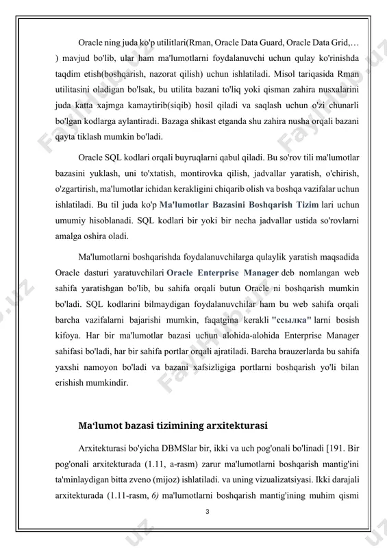 iladi. va uning vizualizatsiyasi. ikki darajali arxitekturada (1.11-rasm, 6) ma'lumotlarni boshqarish mantig'ining muhim qismi ma'lumotlar bazasi serveri (ma'lumotlar bazasi serveri) tomonidan amalga oshiriladi, mijoz segmenti esa asosan foydalanuvchilarga qulay shaklda ma'lumotlarni namoyish qilish bilan shug'ullanadi. uch bosqichli dbmsda (1.11-rasm, ichida) oraliq havola ishlatiladi - dastur serveri, va - bitta havola; 6 - ikki havola; ichida - uchta havola, bu mijoz va ma'lumotlar bazasi serveri o'rtasida vositachi. ilova serveri mijozni ma'lumotlarni boshqarish va ma'lumotlar bazasi serveri bilan aloqa qilish funktsiyalaridan to'liq xalos qilishga imkon beradi. joylashuvga qarab alohida qismlar mb ma'lumotlar bazalari mahalliy va tarmoq bazalarini ajratib turadi. mahalliy ma'lumotlar bazasiga kiruvchi foydalanuvchi kompyuterida mahalliy mbtlarning barcha qismlari joylashgan. shunday qilib, bir nechta foydalanuvchilar bir vaqtning o'zida bir xil ma'lumotlar bazasi bilan ishlashi mumkin foydalanuvchi kompyuter uning mahalliy ma'lumotlar bazasidan nusxasiga kirish huquqiga ega bo'lishi kerak. ushbu turdagi dbmslarning muhim muammolaridan biri bu ma'lumotlar nusxalari tarkibini sinxronlashtirish (ma'lumotlar replikatsiyasi), shu sababli …
