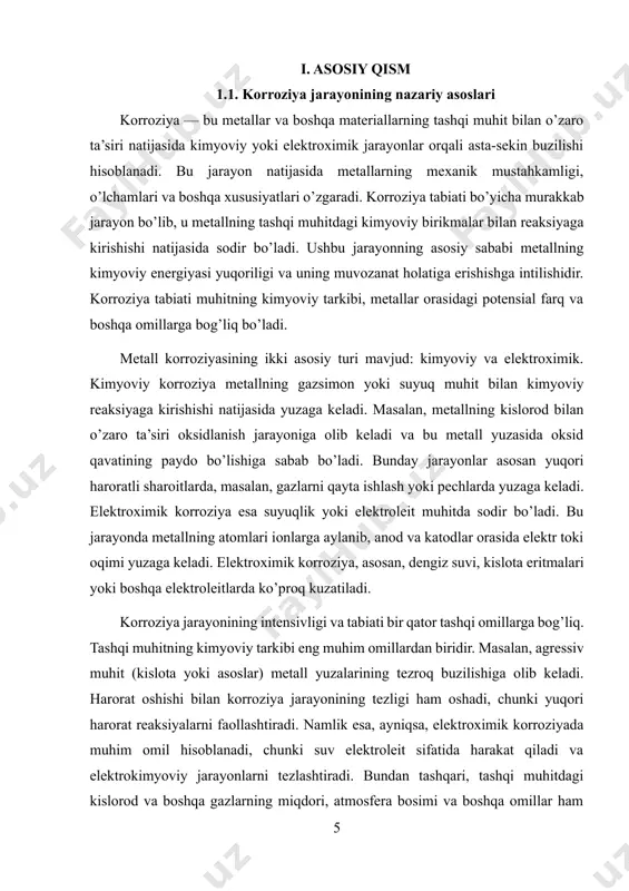 liy korroziya ko`rinishlari: a–dog`simon; b– jarohatsimon; v – pittingli (nuqtasimon); g - sirt osti; d – bo`ylama; е – ipsimon. po`lat va boshqa qotishmalar bir nеcha qattiq eritmali strukturalardan tashqil topganligi uchun tanlanma korroziya turiga moyildir. tajavvuzkor muhitlarning va tashqi yoki qoldiq kuchlanishlarning birgalikda ta`sirida - korrozion darz kеtishi, o`zgaruvchan kuchlanishlar ta`sirida korrozion charchash hodisalari ro`y bеradi. korrozion muhitlarda dеtallar sirtlarining o`zaro siljishi yoki ishqalanishlarning birgalikda ta`siri natijasida mеtall sirtlari yemirilishi hodisasi korrozion - eroziya dеyiladi. korrozion erroziya ishqalanishdagi korroziya va frеtting-korroziya ko`rinishlarda bo`ladi. atmosfеradagi korroziya mеtall konstruktsiyalardan normal еr atmosfеrasi sharoitida foydalanishda sodir bo`ladi. korroziya tеzligi va yemirilish turlari mеtall tabiatiga, namlik, atmosfеra muhitining ifloslanganlik darajasi va harorat kabi omillarga bog`liq. atmosfеra muhitida mеtallar korroziyasini tеzlashtiruvchi omillardan biri atmosfеra namligi hisoblanadi. quruq atmosfеra (nisbiy namlik 60% gacha)da mеtall sirti oksidlanishi ro`y bеradi va sirtda korroziya jarayonlarini sеkinlashtiruvchi oksid himoya qoplamalari hosil bo`ladi. atmosfеra namligi 60%dan oshganda mеtall sirtida adsorbtsion …