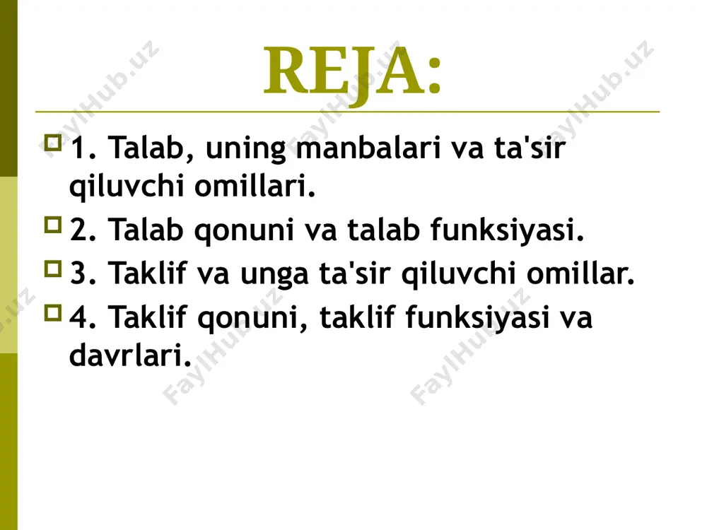 rilgan vaqt oralig‘ida talab qilingan va taklif qilingan mahsulot hajmi ko‘rsatilgan. taklif chizig‘i (supply) qancha miqdorda va qanaqa ishlab chiqarish narxida tovarning bozorda sotilishi mumkinligini ko‘rsatadi. taklif chizig‘i qancha yuqoriga ko‘tarilsa, shuncha narx yuqori bo‘ladi va shunga ko‘p firmalar mahsulot ishlab chiqarib, sotish imkoniyatiga ega bo‘ladilar. s p p1 q q2 q0 q1 e d p0 p2 ortiqcha mahsulot taqchillik talab va taklif chiziqlari yuqori narx, mavjud firmalarni ishlab chiqarishni kengaytirishga da'vat etadi, bozorga yangi firmalarni o‘z mahsuloti bilan kirib kelishini ta'minlaydi, ular ishlab chiqargan yuqori xarajatli rentabel bo‘lmagan mahsulotlari yuqori narxda rentabel bo‘ladi. bunday holda, firmalarda ishlab chiqarishning kengayishi qisqa vaqt oralig‘ida intensiv bo‘lsa, uzoq muddatda esa ekstensiv amalga oshiriladi. talab chizig‘i (demand) iste'molchilarning berilgan narxlarda qancha miqdorda mahsulot sotib olish mumkinligini bildiradi. talab chizig‘ining pastga ketishi, iste'molchilarning narx qancha past bo‘lsa, ular shuncha ko‘p mahsulot sotib olishini anglatadi. past narxlar, xaridorlarga yanada ko‘proq miqdorda tovarlar sotib olishiga hamda …