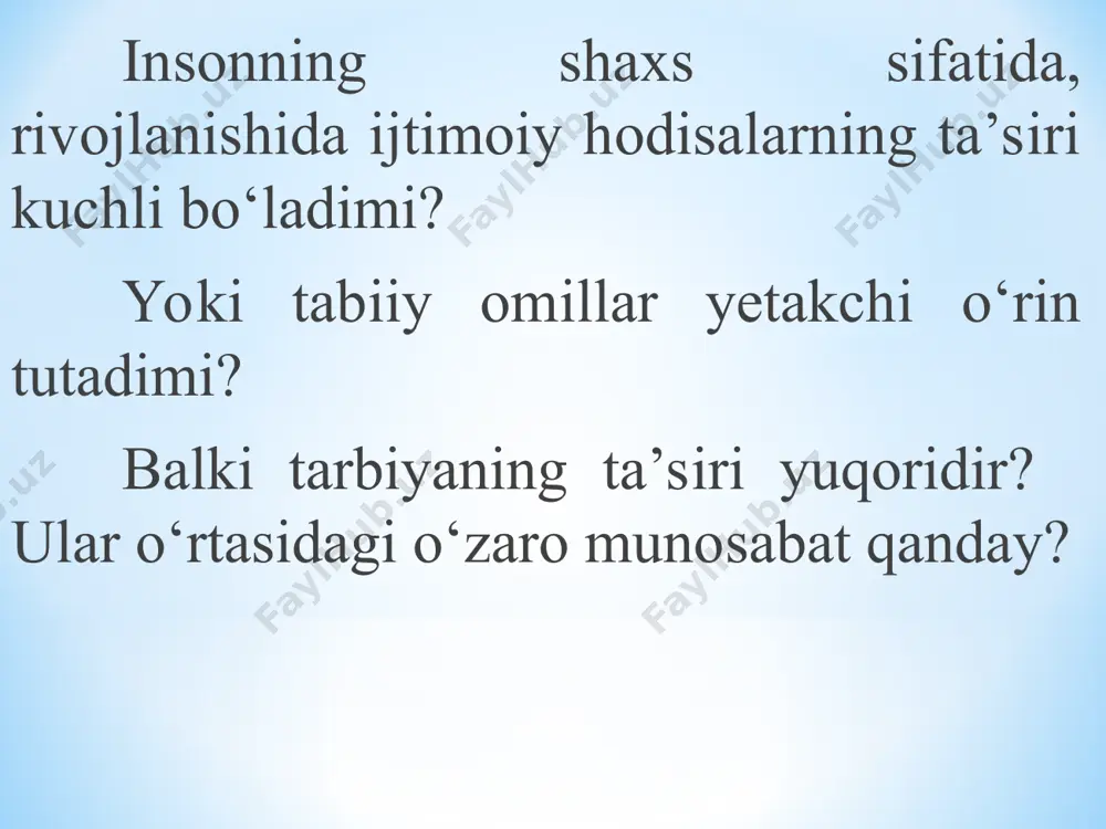 ’minlaydi, sezgilari va irodasining о‘sishiga ta’sir kо‘rsatadi o‘rta va katta maktab yoshi (o‘smirlik, ilk o‘spirinlik 12-17 yosh). o‘smirlikning murakkabligi anotomik-fiziologik va psixologik xususiyatdagi kuchli o‘zgarishlar bilan bog‘liqdir. bolaning o‘sishi tezlashadi. bu davrni o‘tish davri ham deyiladi. bu davrda jinsiy yetilish davri boshlanadi. bu bolaning fe’l-atvoriga ta’sir etadi. o‘smir hayotida mehnat, o‘yin, sport va jamoat ishlari katta rol o‘ynaydi. ba’zilarining o‘zlashtirishi pasayadi, intizomi bo‘shashadi. bu davr o‘spirinlarning ilk balog‘atga etgan davridir. mazkur davrda jinsiy etilish tugaydi. ularda mustaqillik sezila boshlaydi. o‘spirin yoshlar hayotga kelajak nuqtai nazaridan qaray boshlaydilar. madaniy darajasini orttirishga intilish kuchaya boradi, his-tuyg‘ularida ham o‘zgarish yuz beradi. o‘z-o‘zlarini tarbiyalashga kirishadilar. ideal tanlash va unga ergashish kuchayadi. bu davrda, ular o‘rtasida munozaralar o‘tkazish yaxshi natija beradi. o‘spirinlik - bu aqliy faoliyatning ham rivojlanish davri sanaladi. ular o‘z fikrlarini mustaqil ifodalashga harakat qilib, shaxslik xislatlarini namoyish eta boshlaydilar. shunda o‘qituvchilar va katta yoshlilar ularning hali g‘o‘r fikrlari va dunyoqarashlarini to‘g‘ri yo‘naltirishlari …