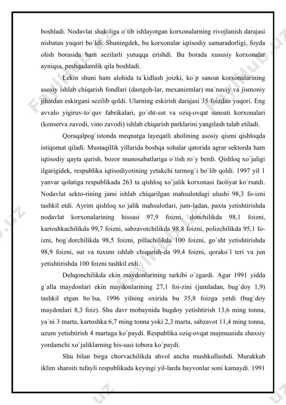 na shu tajribani ommalashtirishga mutlaqo e`tibor beril-madi. oqibatda qishloq xo`jaligi mahsulotlari hajmida ular-ning xissasi nihoyatda kam bo`ldi. buning asosiy sababi fer-mer xo`jaliklariga xizmat ko`rsatuvchi korxonalar yaxshi ishla-madi, bo`rdoqichilik bazasi sust rivojlandi, zotdor hayvon-larni ko`paytirish qoniqarsiz ahvolda, moddiy-texnika va pul mablag`lari bilan ta`minlash past darajada, agrotexnik va zoo-veterinariya xizmati ko`rsatish juda bo`sh tashkil etildi. keyingi 6 yil ichida investitsiya faoliyatida sezilarli o`zgarishlar ro`y berdi. kapital qurilishda korxonalarning mablaglari hisobidagi qurilishlar hajmi ko`payib, budjet mab-lag`ining qissasi kamaydi. bozor munosabatlariga o`tish sharoitida ishlab chiqarish korxonalari qurilishiga ajratilgan mablaglar noishlab chiqa-rish obyektlariga ajratilgan mablagga nisbatan ancha ko`p bo`ldi. masalan, 1995 yilda ishlab chiqarish korxonalari qurilishiga ajratilgan mablag` 61,2 foizni tashkil etgan bo`lsa, 1996 yilda bu 78 foizga yetdi. bir vaqtning o`zida noishlab chiqarish obyekt-lari uchun ajratilgan mablaglar miqsori 38,8 foizdan 22 fo-izgacha kamaydi. respublikada istiqlol yillarida tashqi iqtisodiy aloqa-larga ham katta e`tibor berildi. masalan, 1996 yildagi tash-qi savdo oboroti 228,4 mln. aqsh dollarini tashkil …