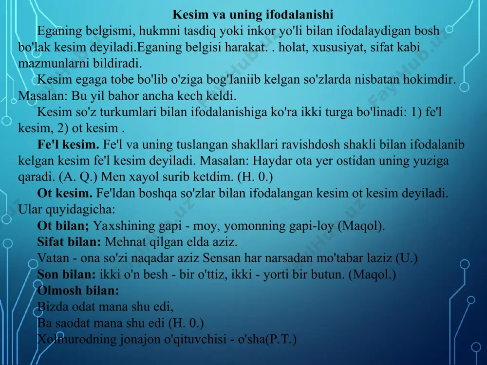 hib yoki bog'lanib, sifat, son, olmosh, ravish, sifatdosh. undov, taqlid so'zlar va so'z birikmasi bilan ifodalanadi. sifat bilan ifodalanishi: nasiba g'ayratli, ishchan tashabbuskor bir qiz bo'lib o'sdi. (0. yo.) rang-barang gullar gulzorning husniga husn qo'shib turibdi. (sh.r.) son bilan ifodalanishi. uch og'ayini botirlar ertagini o'qidim. ikkala do'st qizg'in bahslashardi. olmosh bilan ifodalanishi: huv, o'sha aytgan yigit sizmisiz. devor ortidagi qo'rg'onchada xotin kishi aytayotgan qo'shiq bol-tavoyga huv, o'sha anorzor bog'ni, salomatni eslatib qo'ydi (s. a.) ot bilan: po'lat pichoq qinsiz qolmas. (maqol.) oltin boshoqlar shitirlaydi. temir darvozadan kiriladi. sifatlovchi bilan ifodalanishi: aytilgan so'z—otilgan o'q. (maqol.) gurillagan shabada sekin esadi. ravish bilan: qirning uzoq-yaqin yon bag'irlaridan qo'y-qo'zilarning ma'rashi eshitilib turar edi. husniddin mardlarcha tepalikni himoya qildi. taqlidiy so'z bilan ifodalanishi: qisliloqqa sen haqingda duv-duv gap tarqalgan. g'uj-g'uj oppoq tutlar shoxlarida marjondek tizilib turishibdi. (p. t.) atrofda g'uv-g'uv pashsha. (o.) kampir so'zini tugatmasdanoq "miyov" degan ovoz eshitildi. (sh. s.) aniqlovchining bunday shakli aniqlanmishga …