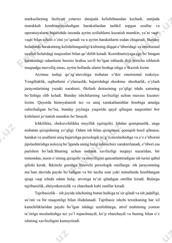 ning qiziqishi va moyilligini qanoatlantiradigan ish turini qabul qilishi kerak. ikkinchi guruhga kiruvchi psixologik omillarga: ish jarayonining ma’lum davrida paydo bo’ladigan va bir necha soat yoki minutlarda hisoblangan qisqa vaqt ichida odam hulq- atvoriga ta’sir qiladigan omillar kiradi. bularga tajribasizlik, ehtiyotkorsizlik va charchash kabi omillar kiradi. tajribasizlik – ish joyida ishchining butun hulkiga ta’sir qiladi va ish jadalligi, su’rati va bir maqomligi bilan ifodalanadi. tajribasiz ishchi texnikaning har xil kamchiliklaridan paydo bo’lgan ishdagi uzulishlarga, atrof muhitning yomon ta’siriga moslashishga tez yo’l topaolmaydi, ko’p charchaydi va buning bilan o’z ishining xavfsizligini kamaytiradi. 1990 yil 27 aprelda sobiq ittiibq davlat ta'limi komiteti kollegiyasi tarkibidagi "hayot faoliyati xavfsizligi" ilmiy-metodik kengashiga qo'shilgan ilmiy va pedagogik jamoatchiligi tashabbusi bilan "mehnat muhofazasi va fuqaro muhofazasi masalalarini qayta ko'rishning birinchi darajali choralari" masalasi ko’iladi, shundan key in 1990-yil iyulda kollegiya qarori materiallari natijasida oliy maktab o quv rejasida o'qilib kelayotgan «mehnat muhofazasi» va "fuqaro muhofazasi" fanlarni o'rniga …