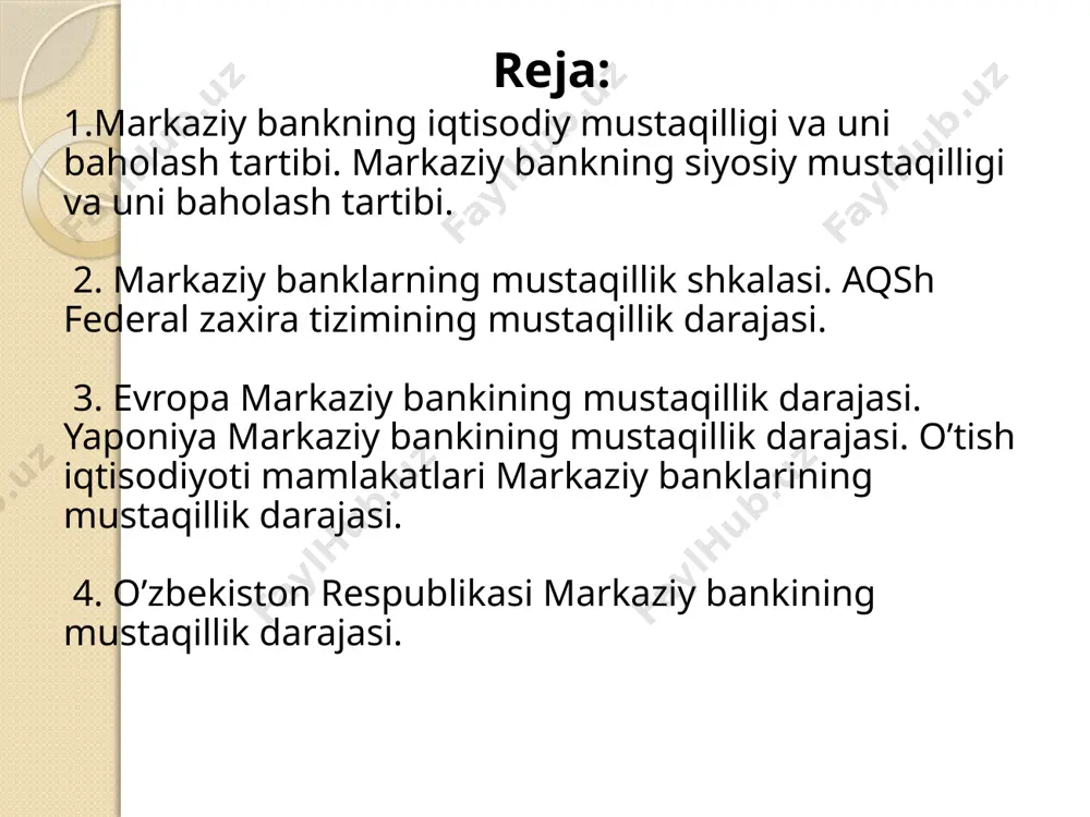 sodiy rivojlangan mamlakatlarga taqqoslagan holda ko’rib chiqish mumkin. 70-yillar o’rtalaridan 80-yillar o’rtalarigacha bo’lgan davr mobaynida davlatning iqtisodiyotga amaliy aralashuvi natijasida jahonning ko’pgina etakchi mamlakatlarida markaziy banklarning “qudratlilik” nazariyasi tasdiqlandi, markaziy banklarning obro’-e’tibori, nufuzi qsdi va bu ma’muriy boshqaruv usullarining kengayishida namoyon bo’ldi. shular orqali, tahlil qilingan besh omil ichidan uch asosiy (aniqrog’i: 2,4,5) va ikki qo’shimcha (1 va 3) omilni ajratish mumkin. markaziy bankning xukumat boshqaruv organlaridan mustaqilligini belgilovchi asosiy ob’ektiv omillarga: bank rahbarini saylash va ishdan ozod qilish tartibi; pul-kredit siyosatiga davlatning aralashishi huquqi; xukumatni markaziy bank tomonidan kreditlash chegaralanganligining mavjudligi va qat’iyligini ajratib ko’rsatish mumkin. markaziy bank kapitalida davlat ulushini va qonunchilikda markaziy bankning maqsadi va vazifalarini aniq belgilanganligi yuqoridagi tahlildan ko’rinib turibdiki, u markaziy bank mustaqilligi darajasini belgilashda hal qiluvchi rol oynamaydi va ular ikkilamchi omillar bo’lib hisoblanadilar. 2. markaziy banklarning mustaqillik shkalasi. aqsh federal zaxira tizimining mustaqillik darajasi. sanoati rivojlangan mamlakatlar markaziy banklari mustaqilligining ob’ektiv omillariga …