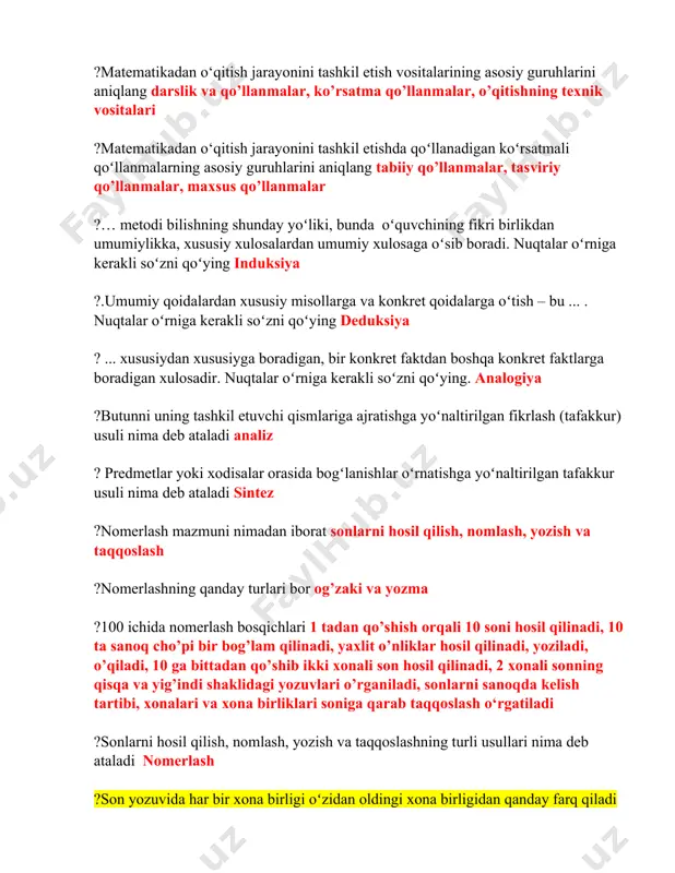 konkret faktdan boshqa konkret faktlarga boradigan xulosadir. nuqtalar oʻrniga kerakli soʻzni qoʻying. analogiya ?butunni uning tashkil etuvchi qismlariga ajratishga yoʻnaltirilgan fikrlash (tafakkur) usuli nima deb ataladi analiz ? predmetlar yoki xodisalar orasida bogʻlanishlar oʻrnatishga yoʻnaltirilgan tafakkur usuli nima deb ataladi sintez ?nomerlash mazmuni nimadan iborat sonlarni hosil qilish, nomlash, yozish va taqqoslash ?nomerlashning qanday turlari bor og’zaki va yozma ?100 ichidа nomerlаsh bosqichlаri 1 tadan qo’shish orqali 10 soni hosil qilinadi, 10 ta sanoq cho’pi bir bog’lam qilinadi, yaxlit o’nliklar hosil qilinadi, yoziladi, o’qiladi, 10 ga bittadan qo’shib ikki xonali son hosil qilinadi, 2 xonali sonning qisqa va yig’indi shaklidagi yozuvlari o’rganiladi, sonlarni sanoqda kelish tartibi, xonalari va xona birliklari soniga qarab taqqoslash o‘rgatiladi ?sonlarni hosil qilish, nomlash, yozish va taqqoslashning turli usullari nima deb ataladi nomerlash ?son yozuvida har bir xona birligi oʻzidan oldingi xona birligidan qanday farq qiladi ?son yozuvida har bir xona birligi oʻzidan keyingi xona birligidan …