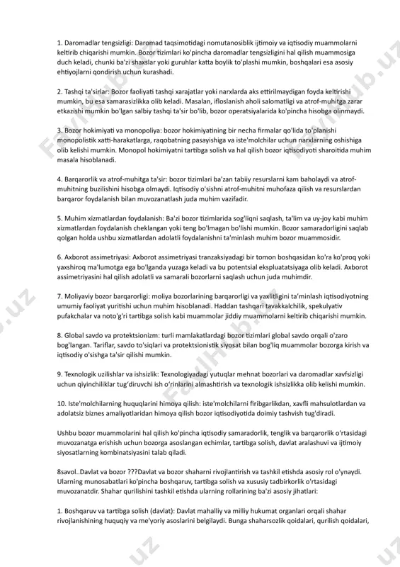 miqdori talab miqdoriga teng bo'lgan muvozanatga olib keladi. bozorlar turli shakllarda bo'lishi mumkin, jumladan, an'anaviy bozorlar kabi jismoniy joylar, shuningdek, onlayn platformalar kabi virtual joylar. ularni moliyaviy bozorlar, mehnat bozorlari, tovar bozorlari va boshqalar kabi sotiladigan tovarlar yoki xizmatlar turlariga qarab tasniflash mumkin. bundan tashqari, bozorlarga raqobat, tartibga solish va iste'molchilarning afzalliklari kabi omillar ta'sir qilishi mumkin va bozor dinamikasini tushunish biznes, siyosatchilar va iqtisodchilar uchun juda muhimdir. bozorlarni o'rganish iqtisodiy tahlilning asosiy jihati bo'lib, zamonaviy iqtisodiyotlar faoliyatida markaziy o'rin tutadi. 6savol.bozor tizimining xususiyatlari???bozor iqtisodiyoti yoki kapitalistik tizim deb ham ataladigan bozor tizimi uni boshqa iqtisodiy tizimlardan ajratib turadigan bir qancha asosiy belgilari bilan tavsiflanadi. bu xususiyatlarga quyidagilar kiradi: 1. xususiy mulk huquqlari: bozor tizimida jismoniy shaxslar va korxonalar mulkka, jumladan, yerga, kapitalga va intellektual mulkka egalik qilish va nazorat qilish huquqiga ega. bu ularga mablag‘ sarflash va resurslardan samarali foydalanishga turtki beradi. 2. korxona va tanlash erkinligi: bozor tizimi …