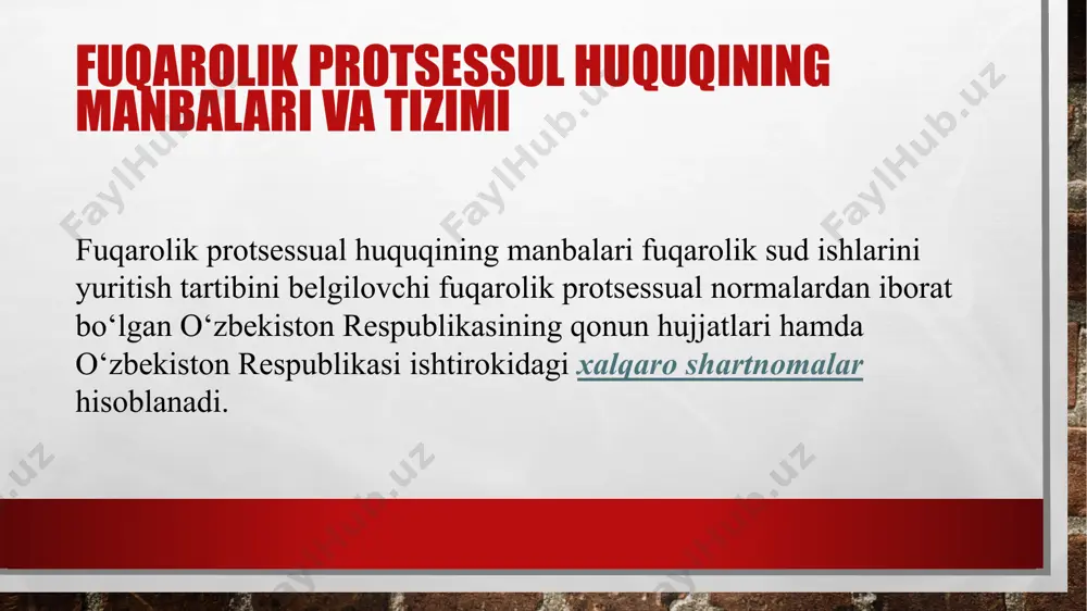 ratish, 44-moddasida nikohdan ajratish to‘g‘risida hal qiluv qarori chiqarish vaqtida sud tomonidan hal etiladigan masalalar, 45-moddasida sudning nikohdan ajratish haqida hal qiluv qarorini chiqarishida davlat boji miqdorini belgilash, 62-moddasida otalikning sud tartibida belgilanishi masalalari bayon etilgan. fuqarolik protsessual huquqining konstitutsiyaviy huquq bilan o‘zaro aloqadoriigi quyidagi ikki jihatda namoyon bo‘ladi: • har ikki huquq manbalarining umumiyligi. masalan, 0 ‘zbekiston respublikasi konstitutsiyasi konstitutsiyaviy huquqning asosiy manbai hisoblanadi. shu o ‘rinda konstitutsiyada odil sudlovning eng muhim prinsiplari ham o‘z ifodasini topgan; • konstitutsiyaviy huquqning ayrim kichik tarmoqlar bilan o‘zaro bog‘liqligi. bu yerda gap sudlarning tuzilishi va prokuror nazorati haqida bormoqda. sudlarning tuzilishi bilan fuqarolik protsessual huquqining ayrim prinsiplari o'rtasida umumiylik mavjud (xususan, sudyalarning mustaqilligi va ularning faqat qonunga bo'ysunishi, odil sudlovning faqat sudlar tom onidan amalga oshirilishi va h.k.). fuqarolik sud ishlarini yuritishning turlari mamlakatimiz fuqarolik protsessual qonunchiligi fuqarolik sud ishlarini yuritishning bir qator turlarini nazarda tutadi. bular buyruq tartibidagi ishlar; da'vo tartibidagi …