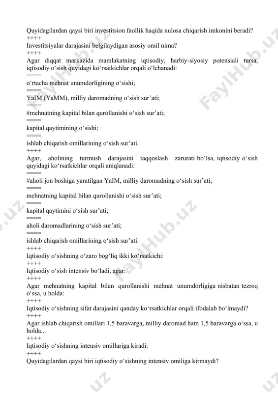 in tushib ketishi nima deyiladi? ++++ inqiroz iqtisodiyotdagi muvozanatning buzulishiga ko’ra necha turga bo’linadi? ++++ xo‘jalik tizimida muvozanatning buzilishi miqyosiga ko‘ra inqiroz … turga bo’linadi? ++++ takror ishlab chiqarish nisbatlarining buzilishi tavsifiga ko‘ra inqiroz … turga bo’linadi? ++++ mamlakatda pul-kredit tizimining tang ahvolga tushishi bo‘lib, bunda tijorat va bank krediti qisqaradi. bu qaysi sohadagi inqiroz? ++++ qishloq xo‘jaligidagi iqtisodiy inqirozlar nima deb ataladi? ++++ iqtisodiy jarayonlar, hodisalarning ikki yoki bir necha tomonining bir-biriga teng kelgan holati nima deb ataladi? ++++ iqtisodiy muvozanatning nechta asosiy turi mavjud? ++++ ikkita o‘zaro bog‘liq bo‘lgan iqtisodiy ko‘rsatkichlar yoki iqtisodiyot tomonlarining miqdoran teng kelishi nima deb ataladi? ++++ jamiyat barcha ehtiyojlari va milliy ishlab chiqarish hajmining o‘zaro teng kelishi nima deb ataladi ++++ yalpi talab va yalpi taklif qaysi iqtisodiy muvozanat turiga mansub ++++ iqtisodiyotning turli tomonlari va sohalari o‘rtasida miqdor va sifat jihatdan ma’lum moslik bo‘lishidir nima deb ataladi ++++ iqtisodiy mutanosiblik nechta turga …