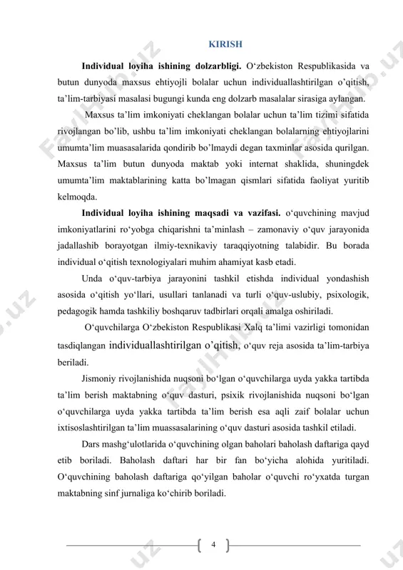 ib, bunda pedagogtahsil oluvchilar bilan yakkama-yakka shug'ullanadi, tahsil oluvchi o'quv vositalari(kitoblar, kompyuter va h.k.) yordamida uzluksiz mustaqil ta'lim oladi. individual yondashish – bu pedagogik prinsipga ko'ra, pedagogik jarayond pedagogningtahsil oluvchilar bilan o'zaro munosabati, ularning shaxsiy xususiyatlarini hisobga olgan holda quriladi va butun guruh hamda har bir alohida tahsil oluvchining rivoji uchun psixologik-pedagogik muhit yaratiladi. individuallashtirilgan o'qitish maqsadi - bunday o'quv jarayonini tashkil etishda individual yondashish asosida o'qitish yo'llari, usullari, sur'ati tanlanadi va turli o'quv-uslubiy psixologik-pedagogik hamda tashkiliy boshqaruv tadbirlari orqali ta'minlanadi. individual o‘qitish texnologiyasining afzalligi – pedagogik jarayonning o‘quvchi qobiliyatlariga moslashuvchanligi imkoniyatidir. bunda o‘quvchini bilim olish darajasining doimiy monitoringi amalga oshiriladi, zaruriy tuzatishlar kiritish natijasida maqbul pedagogik jarayon tashkil etiladi va o‘ziga xos individual yondashuvga amal qilinadi. hamma bolalarning ehtiyojlarini hisobga olgan, huquq va qobiliyatlarini hurmat qiladigan, ijtimoiy adolat hamda tenglikka erishishni maqsad qilib olgan ta’lim tizimi inklyuziv ta’lim deyiladi. o`qitishni individuallashtirish: · pedagog faqat birgina talaba bilan o'zaro munosabatda …