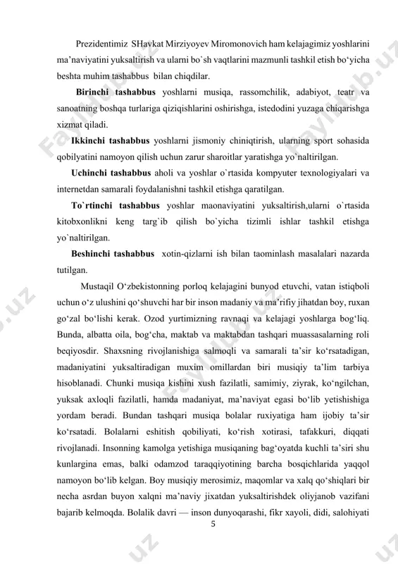 ichkintoylarga xoreografiya, tasviriy va musiqa san’ati, kompьyuter savodxonligini ochish va ular sonini kundan kunga kuchaytirib borish xam kiradi". kurs ishi mavzuning dolzarbligi birinchi tashabbusning mazmunidan kelib chiqib, insonning shaxs sifatida shakllanishida musiqa san’atining beqiyos ahamiyatini, uning ilohiyligini, ruhiyat bilan bog‘liqligini o‘tmish allomalari doimo ta’kidlab kelganlar. o‘zbek she’riyatining dahosi alisher navoiy o‘z nasriy asarlarining birida bu haqda ajoyib fikrlarni bildiradi: «shodlikni oshiruvchi xonanda, g‘amni tarqatuvchi sozanda, bularning har ikkisiga hissiyotli kishilar va ahli dardlar jon fido qilarlar. ular muloyim tarona bilan kuylar ekanlar, eshituvchilarning naqd hayoti kuyga fido bo‘lsa ne ajab? axir, ko‘ngil xush ohangdan quvvat, ruh esa xush ovozdan oziq oladi». kurs ishi mavzusining maqsadi. kichik yoshdagi maktab o‘quvchilarda musiqa tinglash qobilyatlarini rivojlantirish va o‘rgatishning tarbiyaviy ahamiyati haqida. musiqa madaniyti darslarini o‘quv dasturi asosida tashkil etish. kurs ishining obyekti. kichik yoshdagi maktab o‘quvchilarda musiqa tinglash qobilyatlarini rivojlantirish. kurs ishi mazvusining tuzilish xajmi: kirish, ikkita bob, xar bitta bobida ikkitadan paragrf, …