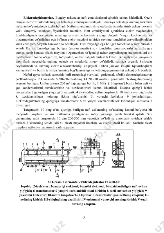 ltrning nurlanuvchi elektrodlari tok manbaining manfiy qutbiga, cho’ktiruvchi elektrodlari esa musbat qutbiga ulanadi. cho’ktirish elektrodining tayyorlanishiga qarab quvurli va plastinali elektrofiltrlar bo’ladi, biroq ularning ishlash rejimida prinsipial farq yo’q. quvurli elektrofiltrlarning sxemasi 2.10-rasmda ko’rsatilgan ushbu elektrofiltrda quvurlarning diametri 150-300 mm bo’lib, ularning o’rtasidan 2 mm li simlar tortilgan, ular nurlanuvchi elektrod vazifasini bajaradi. tozalanishi kerak bo’lgan gaz uskunaning pastki qismidan berilib, quvurning ichida pastdan yuqoriga qarab harakat qiladi va tozalangandan so’ng, yuqoridan chiqib ketadi. manfiy elektrodlar (ya’ni simlar) umumiy ramaga osilgan bo’lib, ramalar esa izolyatorlarning ustiga o’rnatilgan. elektrodlarga o’tirib qolgan changlar maxsus mexanizmlar yordamida tebrantirilib, uskunaning pastki konus qismiga tushiriladi. 2.10-rasm. elektrofiltrning sxemasi: 1-changli gaz kiradigan shtuser; 2-cho’ktiruvchi quvursimon eletrodlar; 3-nurla-nuvchi quvursimon eletrodlar; 4-rama; 5-izolyatorlar; 6-silkituvchi mexanizm; 7-tozalangan gaz chiqadigan shtuser. elektr cho’ktirish uskunalarining konstruksiyalari sodda bo’lsa ham, biroq bularda boriladigan jarayonlar ancha murakkab hisoblanadi. shu sababli elektr cho’ktirish uskunalarini umumiy hisoblash usuli ishlab chiqilmagan. hisoblash paytida tajribadan olingan ma’lumotlardan …