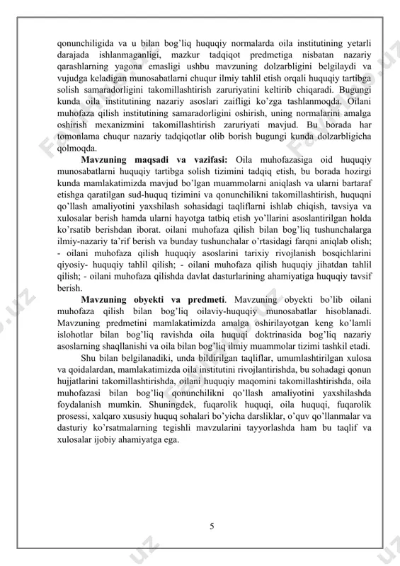 fitrat bunday degan edi: “har bir oilaning saodati va izzati, albatta, shu xalqning ichki intizomi va totuvligiga bog’liq. tinchlik va totuvlik esa shu millat oilalarining intizomiga tayanadi, oilada tartib bo’lsa, mamlakat va millat ham shuncha kuchli va tartibli bo’ladi. agarda bir mamlakatning aholisi axloqsiz va johillik bilan oilaviy munosabatlarni zaiflashtirib yuborsa va intizomsizlikka yo’l qo’ysa, shunda bu millatning saodati va hayoti shubha ostida qoladi"2. o’zbekiston respublikasi konstitusiyasida oila jamiyatning asosiy bo’g’ini ekani hamda uning jamiyat va davlat muhofazasida bo’lish huquqiga egaligi mustahkamlab qo’yilgan. (o’zbekiston respublikasi konstitusiyasi 63-modda). mamlakatimizda oilani ijtimoiy- iqtisodiy, huquqiy jihatdan qo’llab-quvvatlash borasida izchil amalga oshirilayotgan ishlar samarasida ushbu qoida hayotimizda o’zining yorqin ifodasini topmoqda. birinchi prezidentimiz islom karimov 2011-yil 7-dekabrda o’zbekiston respublikasi konstitusiyasining 19 yilligiga bag’ishlangan tantanali marosimdagi ma’ruzasida oila instituti jamiyatimizning asosiy bo’g’ini ekanini ta’kidladi. darhaqiqat, oila instituti xalqimiz hayoti, istiqlol yillarida mamlakatimizda barcha jabhalarda hayotga tatbiq etilayotgan keng ko’lamli 1 n.m akayeva – oila huquqi. …