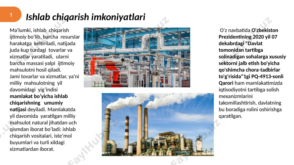 tisodiy siyosati, qonunchilik bazasining yangilanishi va tartibga solish mexanizmlarining samarali ishlashi iqtisodiy barqarorlik va ijtimoiy adolatni ta'minlashda muhim rol o'ynaydi. kelgusida bu jarayonlarni yanada rivojlantirish o'zbekistonning iqtisodiy taraqqiyotida muhim ahamiyat kasb etadi. qishloq xo’jalik korxonalarining ma’lum davr mobaynidagi faoliyati natijasini aks ettiruvchi ko’rsatkichlardan biri uning yalpi va tovar mahsulotlaridir. qishloq xo’jaligida yalpi mahsulot tarkibi o’ziga xos bo’lib, uning hajmi o’zgarishiga ham yetishtirilgan mahsulotlarning natura shaklidagi hajmi va mahsulotlar narxi o’zgarishi bilan bir qatorda ekinlar tarkibi o’zgarishi, poda tarkibi o’zgarishi ham ta’sir ko’rsatadi. shu bilan bir qatorda qishloq xo’jaligida yetishtirilayotgan mahsulotlar tovarlilik darajasi ham o’ziga xos bo’lib, ayrim mahsulotlar sotish uchun emas, balki korxonaning o’zida ishlab chiqarish vositasi sifatida ishlatish uchun yetishtiriladi. qishloq xo’jalik korxonalarida yetishtirilgan mahsulotning barchasi sotilmasdan, ularning bir qismi ichki ehtiyojlar uchun yoki ijtimoiy maqsadlarda foydalanish uchun taqsimlanadi. aholi sonining yil sayin ko’payayotganligi, sanoat korxonalari ishlab chiqarish quvvatlarining ortib borishi tarmoqda yetishtirilayotgan yalpi mahsulot hajmini oshirishni talab etadi. …