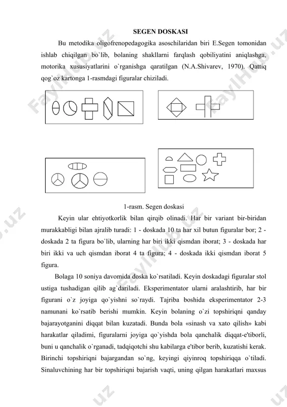 ari ko`rsatilgan yordam turi topshiriqni bajarish vaqti bumetodikajudasoddabo`lib, 3 yoshdan katta bolalarni tekshirishda foydalanish mumkin. bolalar figuralarni o`yin deb qabul qilib, bu topshiriqlarni qiziqib bajaradilar. p'eron- ruzer metodikasi metodika qurish-yasash xususiyatlari, maqsadga yo`nalgan ko`nikmalarni egallash imkoniyatlarini, harakatlarning yangi usullarini o`zlashtirishni o`rganishga mo`ljallangan. bu metodika yordamida ixtiyoriy diqqat hajmi, uning barqarorligi haqida bilib olish mumkin. tajriba o`tkazish uchun 10 qatordan geometrik figuralar chizilgan maxsus qog`oz varag`i oldindan tayyorlanadi (1-ilova). yuqoridagi to`rtta figuraga turli belgilar qo`yib chiqilib, qog`ozdagi boshqa figuralarga ham xuddi shunday belgilar qo`yib chiqish sinaluvchiga taklif etiladi. u o`z harakatlarini namuna bilan solishtirishi mumkin. olingan natijalarni tahlil qilish va qayta ishlashda 100 ta figurani chizishga ketgan vaqt, ehtimoli bo`lgan xatolar soni, topshiriqni bajarish xarakterini tahlil qilishda yosh me'yorlarini hisobga olish zarur (4-jadval). 4-jadval 7-8 yoshli bolalar uchun p'eron - ruzer metodikasi bo`yicha qog`ozni to`ldirish normalari (m.p.kononova natijalari). to`ldirish vaqti xatolar soni sifati(%) () 1 daqiqa 15 soniya - 100 1 …