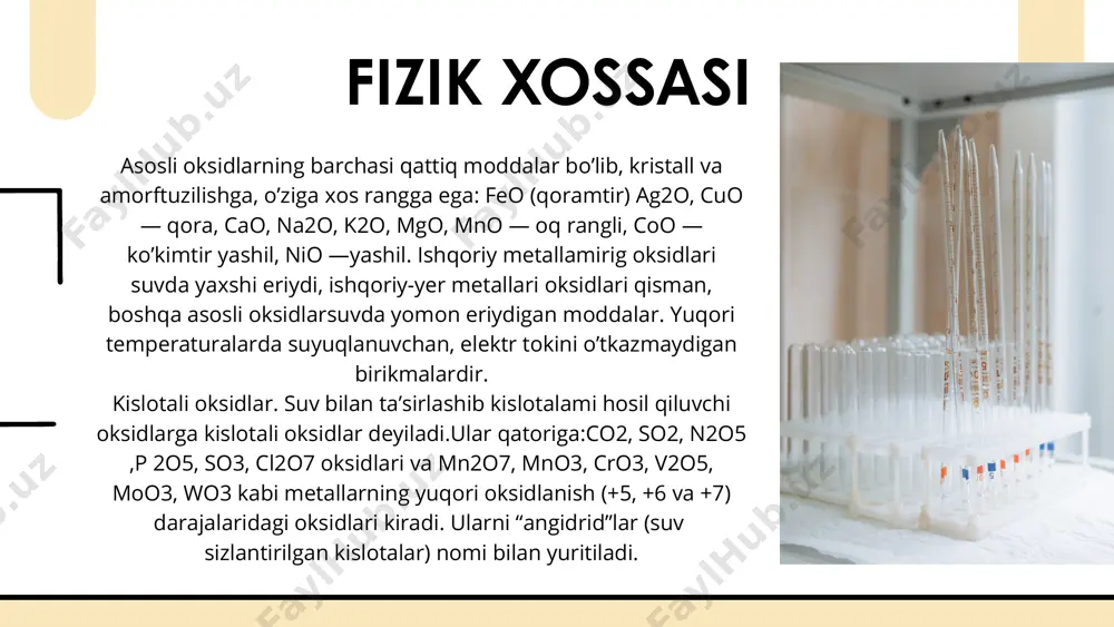 tarkibidagi modda qizil lakmus qog’ozida ko‘k rangga o‘tdi. savollar: 1. har bir flakonda qaysi oksid bor edi? 2. har bir oksidning kimyoviy formulasi qanday? 3. ushbu oksidlarning turlarini aniqlang. “ortiqchasini top” o‘yini. topshiriq: quyidagi qatorlarga mos kelmaydigan oksidni aniqlang. 1. co₂, so₂, p₂o₅, na₂o 2. zno, al₂o₃, fe₂o₃, cao 3. cuo, feo, mgo, so₃ "reaksiya to‘g‘rimi?" topshiriq: quyidagi reaksiya tenglamalaridan noto‘g‘rilarini toping va to‘g‘rilang. 1. na₂o + h₂o → na₂oh 2. zno + hcl → zncl₂ + h₂ 3. so₂ + h₂o → h₂so₄ 4. cao + co₂ → caco₃ .“xatolikni top!” – noto‘g‘ri formulalarni tuzating.topshiriq: quyidagi oksidlarning formulalarida xatolik bor. to‘g‘ri variantni yozing. 1. ca₂o 2. feo₃ 3. p₂o₄ 4. nao “kim birinchi topadi?”- quyidagi jadvaldagi oksidlarning umumiy nomini yozing. e'tiboringiz uchun raxmat image1.png image2.svg image3.png image4.svg image5.jpeg image6.jpeg image7.jpeg image8.gif image9.jpeg image10.jpeg image11.jpeg image12.jpeg image13.jpeg image14.jpeg image15.png image16.png image17.svg /docprops/thumbnail.jpeg