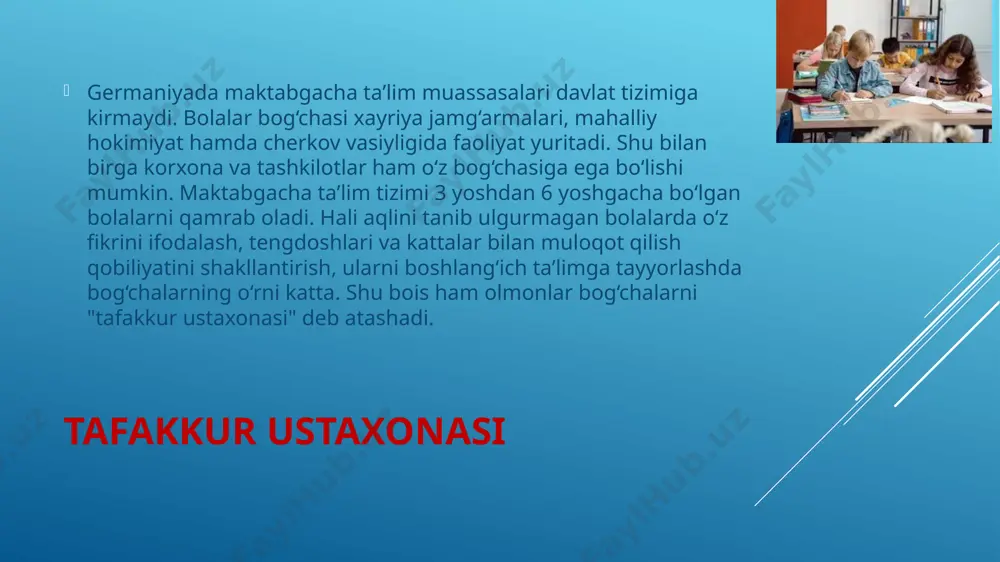 10- sinfgacha. mazkur muddat mobaynida yoshlarga turli fan sohalari bo‘yicha kengaytirilgan bilim beriladi. real maktabni tugatgan o‘smirlar o‘qishni gimnaziyada davom ettiradi. gimnaziyayu o‘quvchilar o‘rta taʼlimning eng muhim bo‘g‘ini bo‘lgan ushbu bilim maskanida to‘qqiz yil – 5-sinfdan 13-sinfgacha taʼlim oladi. real maktabning 10-sinfini tamomlagan yoshlar esa gimnaziyada uch yil o‘qiydi. mazkur taʼlim dargohida gumanitar, tabiiy fanlar va xorijiy tillar chuqur o‘rgatiladi. o‘quvchilar o‘n birinchi sinfdan tanlagan yo‘nalishidan kelib chiqib, asosiy vaqtini bir necha fanni chuqur o‘rganishga sarflaydi. gimnaziya – oliy taʼlimga tayyorgarlikning hal qiluvchi bosqichi. negaki, gimnaziyani tugatganlik to‘g‘risidagi imtiyozli shahodatnoma universitetga imtihonsiz kirish huquqini beradi. ammo imtiyozli shahodatnomani olish oson emas. o‘quvchiga ushbu hujjatni berishda uning o‘n uch yil davomidagi natijalari hamda to‘rtta fan bo‘yicha yakuniy imtihon baholari inobatga olinadi. olmon zaminida oliy o‘quv yurtiga kirish uchun o‘n uch yil yaxshi natija bilan o‘qish kerak. ana shundan keyingina universitet yo‘llari ochiladi. "fikrlayapmanmi, demak, yashayapman!" germaniyada davlatga qarashli maktablar bilan birga …