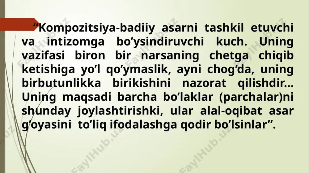 a tashishi yoki shu mazmun qanday bo’lishiga urg’u berishi (ba’zida isbotlashi) talab qilinadi. 3. lirik chekinish. san’atkor asarida yaratayotgan syujet voqealaridan ba’zida o’zi ham ta’sirlanib ketadi, qalbida tug’yonlar, hislar, fikrlar quyulib kelaveradi. shu jarayonda syujet voqealarini to’xtatadi-da, ana shu kechinmalarni ifodalaydi. bu holat – lirik chekinishni keltirib chiqaradi. lirik asar – shoir kechinmalarining ifodasi, dramatik asarda muallif nutqi ishtirok etmasligini hisobga olsak, lirik chekinishlar liro-epik asarlarda uchraydi. jumladan, hamid olimjonning “zaynab va omon” dostonida omon o’z qismatini, tarixini so’zlar ekan, dunyo ona mehri bilan to’liq va ulug’ligini, ona va farzand o’rtasidagi sevgining buyukligini ta’kidlaydi. ana shu tushunchalarning beg’uborligini, samimiyligini, jonga jon solib asrashligini ta’kid qilish, unga yana bir isbot keltirish uchun shoir lirik chekinishga yo’l qo’yadi: 4. qistirma epizod. syujet yo’nalishiga bevosita aloqador bo’lmagan, ammo asar g’oyaviy mazmunini ko’p tarmoqli qiladigan, uni bilvosita chuqurlashtiradigan va yangi taqdirlar misolida ta’kidlaydigan qo’shimcha voqea – qistirma epizod sanaladi. “o’tgan kunlar”dagi usta alim va …