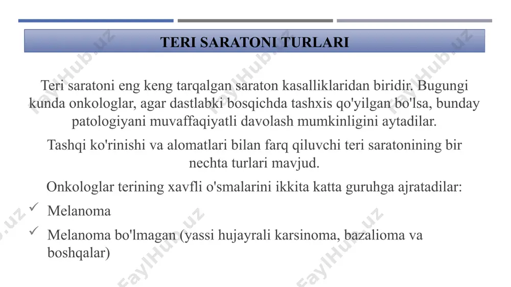 nevuslarni olib tashlash, gormonal kasalliklar natijasida paydo bo'lishi mumkin. shuningdek, genetik moyillik, endogen konstitutsiyaviy xususiyatlar va pigmentatsiya xususiyati (teri, sochlar va ko'zlarning rangi, yuzida, qo'llarida, tanasida husnbuzarlarning borligi, tanadagi xollarning soni, hajmi va shakli), terining ultrabinafsha nurlariga reaktsiyasi ham ahamiyatga ega. qachon melanoma bilan shifokorga murojaat qilish kerak? melanomaning kriteriyalar mavjud (abcde), buning natijasida bemorlar mustaqil ravishda muammoga shubha qilishlari va shifokor bilan maslahatlashishlari mumkin: a (asymmetry) - assimetriya. xol yon tomonga notekis o'sib boradi. odatda, agar siz xolning o'rtasidan xayoliy chiziqni o'tkazsangiz, uning yarmlari nosimmetrik bo'ladi. b (border irregularity) - chegaralari notekisligi. melanomada xol chekkalari noaniq, qo’pol va notekis bo’lishi mumkin. odatda, xolning qirralari silliq bo'ladi. c (color) - rang. ogohlantirish rangning bir xilligi, qora, qizil, kulrang nuqta yoki joylarning dog'lari bo'lishi kerak. odatda, mol bir xil rangga ega. d (diameter) - diametri. agar mol diametri 6 mm dan ortiq bo'lsa, mutaxassis bilan faol maslahatlashish muhimdir. e (evolving) - …