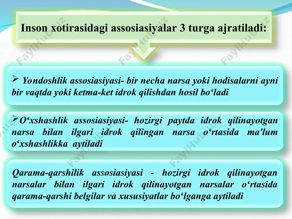 ади. кибернетик назария бўйича хотира маълумотни қабул қилиб олиш, қайта эсга тушириш ва унутишдир. хотира жараёнларининг навбатдаги назарияси нейро-физиологик назариядир. вақт оралиғида эсда олиб қолиш, сақлаш ва эсга тушириш хотиранинг асослари физиологик назариясини ташкил қилади. * xis-tuyg’u shakllari: stress affekt ehtiros * stress (ing. stress –so’zidan olingan bo’lib) taranglik, zo’riqish, degan ma’noni anglatadi. ushbu ibora ilk bor 1936 yili kanada olimi gans sele tomonidan kiritilgan * xissiyot emotsiya xis-tuyg’u so’zlari –sinonim so’zlardir. emotsiya so’zi “ruhiy hayajonlanish”, “ruhiy xarakterlanish” ma’nosini beradi. emotsiyalar stenik kishini g’ayratlantiruvchi va astenik susaytiruvchi turlarga bo’linadi. * антиқа ҳайвонот боғи 1. аллигатор 2.балиқ 3.фил 4.илон 5.капалак 6.қисқичбақа 7.товуқ 8.зебра 9.шиллиқурт 45 80 68 76 9 13 21 89 75 37 1912-yilda atlantika okeanida halokat yuz berdi. dastlabki reys bilan yevropadan amerikaga borayotgan «titanik» nomli yo‘lovchilar tashiladigan paroxod tuman paytida dengizda suzib yurgan muztog‘ bilan to‘qnashib ketdi , kemada katta teshik hosil bo‘ldi va u cho‘ka boshladi . …