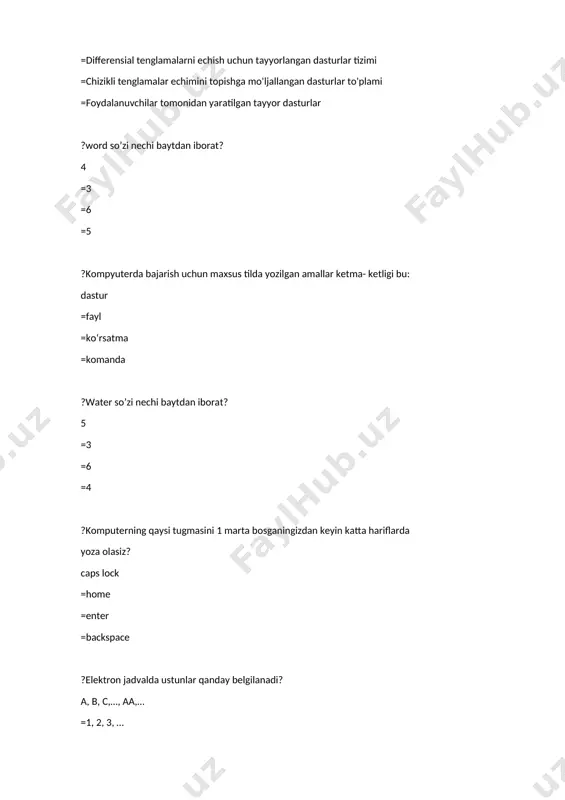 liga tarjima qilish =ma'lumotni uzoq muddatli saqlash =ma'lumotlarni arxivlashni amalga oshirish ?ms power point 2019 versiyada «уравнение» qaysi menyuda joylashgan? вставка =файл =вид =главная ?... – bu ma’lumot tizimida joylashgan elektron ma’lumot, ma’lumotlar banki, ma’lumotlar bazasi informatsion resurs =axborot texnologiyalari =axborot tizimi =axborotlashtirish ?mikrofon - komputerning qanday qurilmasi? kiritish qurilmasi =qayta ishlash qurilmasi =saqlash qurilmasi =chiqazish qurilmasi ?aloqa dasturlari… brauzer, interaktiv aloqa vositalari, pochta dasturlari =tizimli, word, wordpad =brauzer, word, notepad =interaktiv aloqa vositalari, pochta dasturlari, notepad ?elektron jadvalda g1:h4 yacheykalar ajratilgan. ajratilgan yacheykalar soni nechta: 8 =7 =5 =4 ?ma'lumotni qayta ishlash quyidagi uskuna tomonidan amalga oshiriladi: protsessor =ona plata =monitor =kuller ?ms power point 2019 versiyada «номер слайда» qaysi menyuda joylashgan? главная =вставка =файл =вид ?excel: yacheyka nomi xosil bo’ladi: ustun va qator nomidan =ustun nomidan =qator nomidan =ixtiyoriy ?ms excel 2019 versiyada «еслимн» qanday funksiya hisoblanadi? финансовые =текстовые =математические =логические ?ms word dasturida qaysi tugmalar birikmasi matnni …