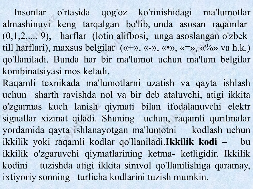 ataluvchi kombinatsion raqamli sxemalar amalga oshiradi. kod o'zgartirgichlarning xususiy holi bo'lib shifratorlar va deshifratorlar hisoblanadi. o'nlik, jakkizlik yoki o'noltitalik sanoq tizimidagi raqamlami ikkilik yoki ikkilik-o'nlik kodga o'zgartiruvchi kombinatsion mantiqiy qurilma shifrator yoki koder deb ataladi. shifrator m ta kirish va n ta chiqishga ega bo'lib, kirishlardan biriga berilgan signalni chiqshda n razryadli parallel kodga o'zgartiradi. agar shifrator n ta chiqishga ega bo'lsa, u holda lining kirishlari soni 2" dan kam bo'lmasligi kerak. 2n kirish va chiqishga ega bo'lgan shifrator to'liq. agar shifrator kirishlari soni 2n dan kam bo'lsa, u to'liq emas deb ataladi. shifrator chiqishlari soni doim kirishlari sonidan kam bo'lganligi sababli, aloqa liniyalari cheklangan hollarda turli qurilmalar o'rtasida ma'lumot almashish uchun ham qo'llaniladi. 0 dan 9 gacha bo'lgan o'nlik raqamlarni ikkilik-o'nlik kodiga o'girishda shifratoming ishlashini ko'rib chiqamiz. o'nlik raqamlarni ikkilik- o'nlik kodiga o'girishda (yoki aksincha hollarda) liar bir o'nlik raqam to'rtta ikkilik raqam bilan almashtiriladi. o'nlik raqamlar mos ravishda …
