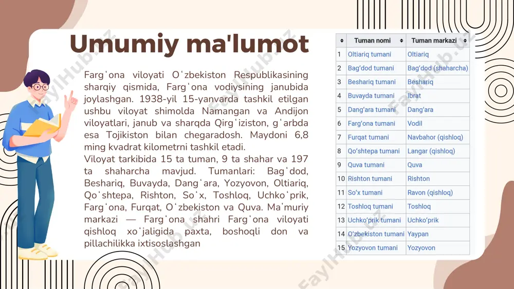 hajmi 6,8% ga oʻsib, 91 333,0 milliard soʻmni tashkil etdi. 2024-yilning yanvar-iyun oylari yakunlariga koʻra, yahm tarkibi quyidagicha boʻldi: qishloq, oʻrmon va baliqchilik xoʻjaligi: 31,4% sanoat: 20,3% qurilish: 6,5% xizmatlar sohasi: 41,8% bu koʻrsatkichlar viloyat iqtisodiyotida xizmatlar sohasi va qishloq xoʻjaligining yetakchi oʻrin tutishini koʻrsatadi iqtisodiyot farg‘ona viloyati o‘zbekistonning eng qadimiy va tarixiy jihatdan boy hududlaridan biridir. uning tarixi ming yilliklarni qamrab oladi va markaziy osiyoning muhim madaniy, savdo va siyosiy markazlaridan biri bo‘lib kelgan. farg‘ona vodiysi miloddan avvalgi ming yilliklarda turli madaniyatlarning chorrahasi bo‘lgan. miloddan avvalgi vi– iv asrlarda bu yerda qadimgi dayuan davlati mavjud bo‘lib, yunon tarixchilari uni "farg‘ona" deb atashgan. dayuan davlati o‘zining ot yetishtirish an’analari bilan mashhur bo‘lib, ayniqsa, "osmon otlari" deb nomlangan zotdor otlari xitoy va boshqa mamlakatlarda qadrlangan qadimgi davr va ilk davlatlar tarixi buyuk ipak yo‘li davrida farg‘ona vodiysi buyuk ipak yo‘lining muhim qismiga aylangan. bu hudud orqali sharq va g‘arb o‘rtasida savdo …