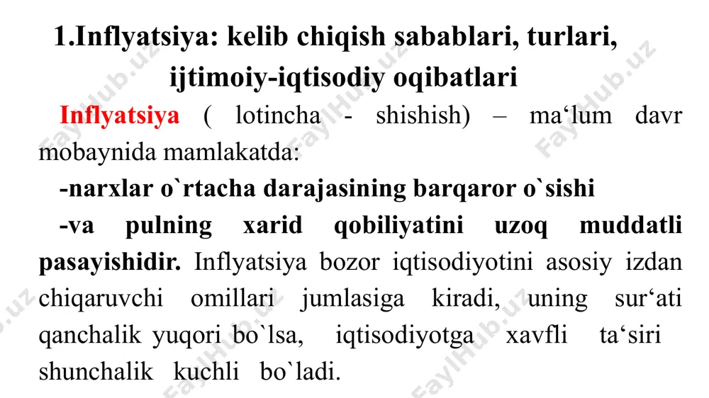 pul emissiyasining amalga oshirilishiga bir nechta sabablar bor. ularning asosiylari quyidagilardir: inflyatsiyani nazorat qilish – pul emissiyasi inflyatsiyaning oldini olish yoki uni boshqarish maqsadida amalga oshiriladi. bu, o‘z navbatida, iqtisodiy barqarorlikni saqlashga yordam beradi. byudjet defitsitini moliyalashtirish – davlatning moliyaviy ehtiyojlarini qoplash uchun pul chiqarilishi mumkin. iqtisodiy o‘sishni qo‘llab-quvvatlash – pul massa miqdorining oshirilishi iqtisodiy faoliyatni rag‘batlantirish uchun amalga oshiriladi, ayniqsa qisqa muddatda iqtisodiy o‘sishni qo‘llab-quvvatlash maqsadida. tashqi qarzlarni to‘lash – ba'zi hollarda davlat tashqi qarzlarini to‘lash uchun pul emissiyasiga murojaat qilishi mumkin. o‘zgarayotgan iqtisodiy sharoitlarga javob berish – yangi iqtisodiy sharoitlarga moslashish uchun pul emissiyasi amalga oshiriladi. valyuta zaxiralarini ko‘paytirish – davlat o‘zining valyuta zaxiralarini ko‘paytirish uchun pul emissiyasini amalga oshirishi mumkin. 2.davlat byudjeti defitsiti, ya‘ni davlatning xarajatlari uning daromadlaridan oshib ketgan holatda ham inflyatsiya jarayoni vujudga keladi. bunday holatni vujudga kelishining asosiy sabablaridan biri davlat bajaradigan vazifalar bilan bog`liq bo`lgan noishlab chiqarish xarajatlari: -harbiy xarajatlar, -ta‘limga, -ijtimoiy dasturlar …