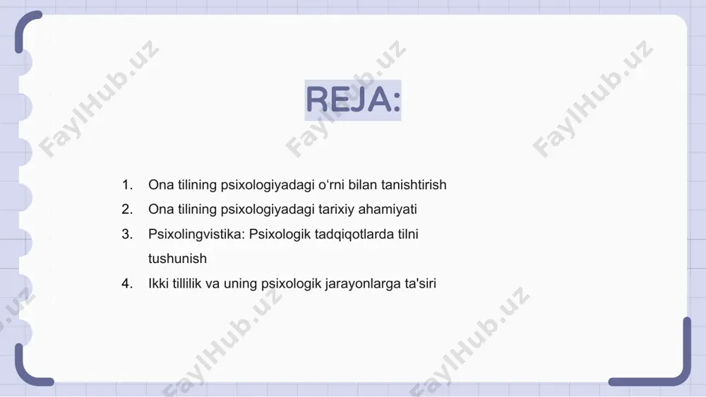 ganish orqali tadqiqotchilar madaniy ta'sirlar, idrok etishning noto'g'riligi va kognitiv rivojlanish haqida tushunchaga ega bo'ladilar. psixolingvistika insonning xatti-harakati va bilishini tushunishda muhim rol o'ynaydi. ikki tillilik va uning psixologik jarayonlarga ta'siri psixologiyada ona tilining o‘rni muhim, chunki u shaxsning kognitiv rivojlanishi va madaniy o‘ziga xosligini shakllantiradi. ikki tillilik psixologik jarayonlarga sezilarli ta'sir ko'rsatishi, tildan foydalanish, kognitiv moslashuvchanlik va hissiy tartibga solishga ta'sir qilishi mumkin. tadqiqotlar shuni ko'rsatadiki, ikki tilli shaxslar muammolarni hal qilish va diqqatni o'zgartirish kabi ijro etuvchi funktsiyalarda ustunlikka ega. miyaning tillar o'rtasida almashish qobiliyati kognitiv qobiliyatlarni oshirishi va umumiy aqliy moslashuvchanlikni yaxshilashi mumkin. ona tili va psixologik jarayonlar o'rtasidagi munosabatni tushunish tilning fikrlash va xatti-harakatlariga qanday ta'sir qilishini yoritishi mumkin. ikki tilli shaxslar aqliy salomatlik va farovonlikdagi til xilma-xilligi muhimligini ta'kidlaydigan noyob kognitiv afzalliklarga ega. terapiyada ona tilidan foydalanishning madaniy oqibatlari terapiyada ona tilidan foydalanish terapevt va mijoz o'rtasida yaxshi muloqot va tushunishga olib kelishi mumkin, chunki …