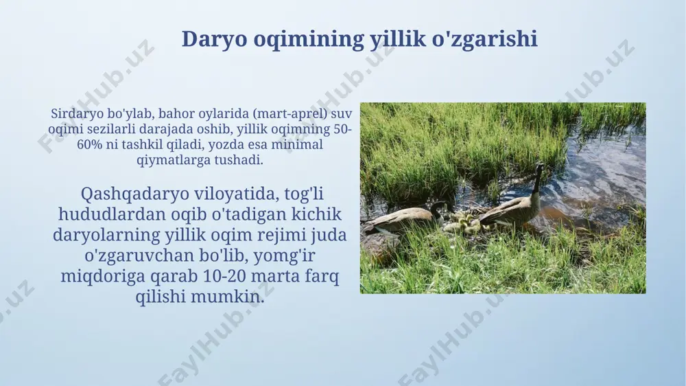ʻgʻri keladi va suvning minimal oqimi yozda kuzatiladi. oqim rejimini modellashtirish oqim rejimini modellashtirishda, masalan, amudaryo havzasida, 10 yillik o'rtacha oqim ma'lumotlari bilan birga, 20 dan ortiq gidrologik parametrlar hisobga olinadi. 1990 yildan beri toshkent viloyati bo'yicha daryo oqimini modellashtirishda sun'iy intellekt usullarini qo'llash natijasida prognozlash aniqligi 15% ga oshdi. oqim rejimini prognozlash qor yog'ishi miqdori va erishish jarayonlarini hisobga olgan holda, toshkent viloyati daryolarida bahorgi toshqinlarni 7 kun oldin prognoz qilish imkoniyati mavjud. sirdaryo daryosida, gidrologik postlarning ma'lumotlaridan foydalanib, suv oqimining o'rtacha yillik hajmini 5% xatolik bilan aniqlash mumkin. yomg'irli oqim rejimlari markaziy osiyo hududlaridagi yomg'irli oqim rejimlarining o'zgaruvchanligi 20-asrning ikkinchi yarmidan beri kuzatilmoqda va bu o'zgarishlar, 5-10% oralig'ida suv resurslarining kamayishiga olib kelmoqda, ayniqsa amudaryo havzasida sezilarli. yomg'irli oqim rejimlari, masalan, o'zbekistonning tog'li hududlarida, 1000 mm dan ortiq yog'in miqdori bilan tavsiflanadi va bahor oylarida suv oqimining keskin oshishi bilan xarakterlanadi, bu esa sel xavfini oshiradi. daryo oqim …