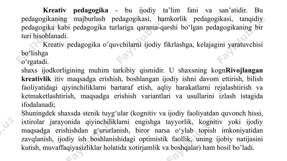lik, to‘liqlilikni talab qiladi. bu tamoyil nafaqat reproduktiv, balki ijodiy faoliyat ko‘nikmalarini rivojlantirishni ham o‘z ichiga oladi. ushbu tamoyilning asosiy jihati har bir talabaning individual tarbiyaviy ish uslubini, uning shaxsiy rivojlanishining o‘ziga xos trayektoriyasini va ruhiy jarayonlarning ishlash xususiyatlarini hisobga olishdan iborat. shuningdek kreativlikni rivojlantirish quyidagi vazifalarni hal qilishga ham yordam beradi: 1. talabalarni turli yo‘nalishlarda fikrlashga o‘rgatish; 2. nostandart vaziyatlarda muammoning yechimlarini topishni o‘rgatish; 3. aqliy faoliyatning o‘ziga xosligini rivojlantirish; 4. talabalarni mavjud muammoli vaziyatni turli tomonlardan tahlil qilishga o‘rgatish; 5. tez o‘zgaruvchan dunyoda yanada samarali hayot va moslashish uchun zarurbbo‘lgan fikrlash xususiyatlarini rivojlantirish. 6/7/2023 5 kasb ta’limi yo’nalishi talabalarini pedagogik kerativlikni rivojlantirish eng muhim sharti o‘qituvchi va talabalar o‘rtasidagi o‘zaro munosabatlarda insonparvarlik psixologiya tamoyillarini amalga oshirishdir. ushbu tamoyillar quyidagilarni nazarda tutadi: 1. har bir talabaning g‘oyasini yuqori baholash, bu barcha g‘oyalar va javoblarni ijobiy mustahkamlash, xatodan tanish narsaga yangicha qarash imkoniyati sifatida foydalanishni nazarda tutadi; 2. o‘zaro ishonch, …