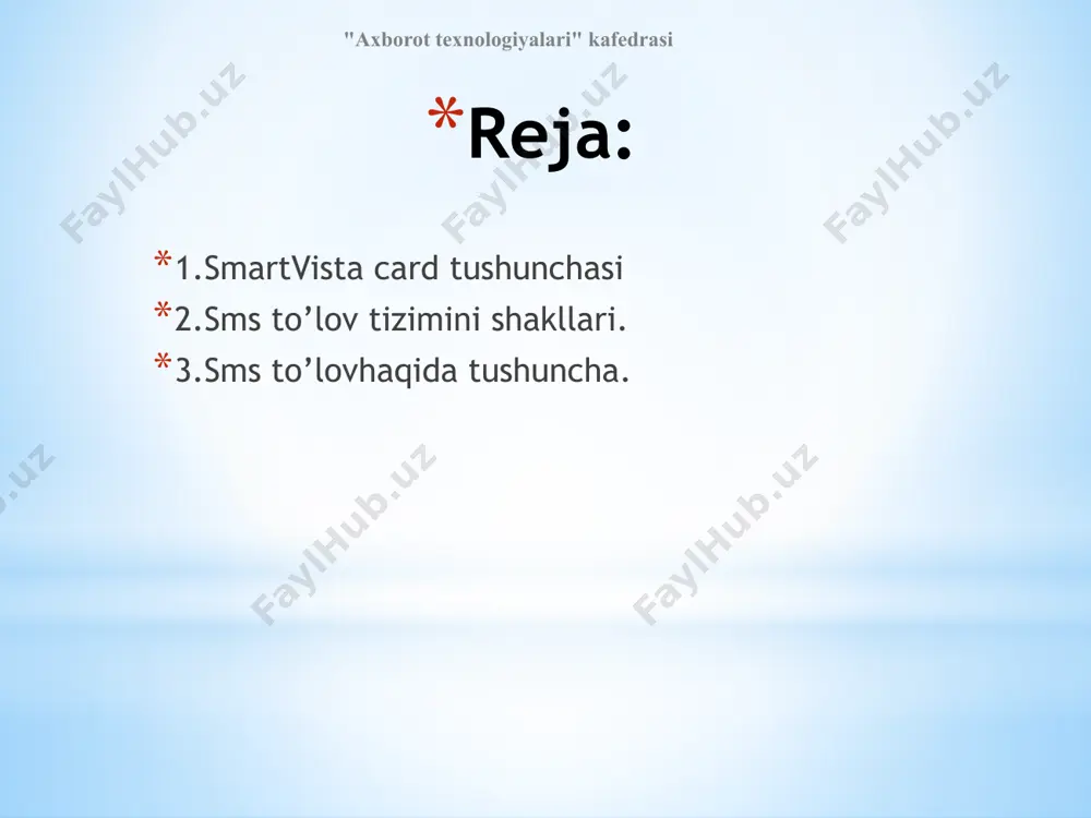 va chiqim to’lov hujjatlarini ko’rish va chop etish. * david watson, helen williams. computer science, igcse is the registered trademark of cambridge international examinations.2014 y. "axborot texnologiyalari" kafedrasi в2с-business-to–consumer; b2b-business-to-business; e-trading-birjada elektron savdo o’tkazish. internet-bankda mijozlar o’z kompyuteri orqali bank tarmog’iga ulanishi, telephone-banking telefon orqali hisob-kitob xizmatidan foydalanish va video-banking interaktiv usullari orqali bank xodimlari bilan muloqatda bo’lishi mumkin. bu birinchidan, bank xodimlari ishini engillashtirsa, ikkinchi tomondan, vaqtdan unumli foydalanishni va bank operatciyalarini sifatli o’tkazish imkonini beradi. internet –bank tarmog’i hozirgi kunda 3 ta asosiy onlinelar orqali xizmat qilmoqda: "axborot texnologiyalari" kafedrasi elektron pullar tushunchasi elektron pullar – bu pul birligiga tenglashtirilgan belgilar xamda kupyura va tanga rolini bajaruvchi katta son yoki fayllardir. bunday tizimning faoliyat ko’rsatish harajatlari boshqalaridan ancha kam. bundan tashqari, elektron pullar to’liq anonimlikni ta’minlanishi mumkin, chunki uni ishlatgan mijoz haqida hech qanday ma’lumot yubormaydi. "axborot texnologiyalari" kafedrasi elektron pullar birliklari wmy – o’zbekiston zonasida оperatsiyalarni amalga …