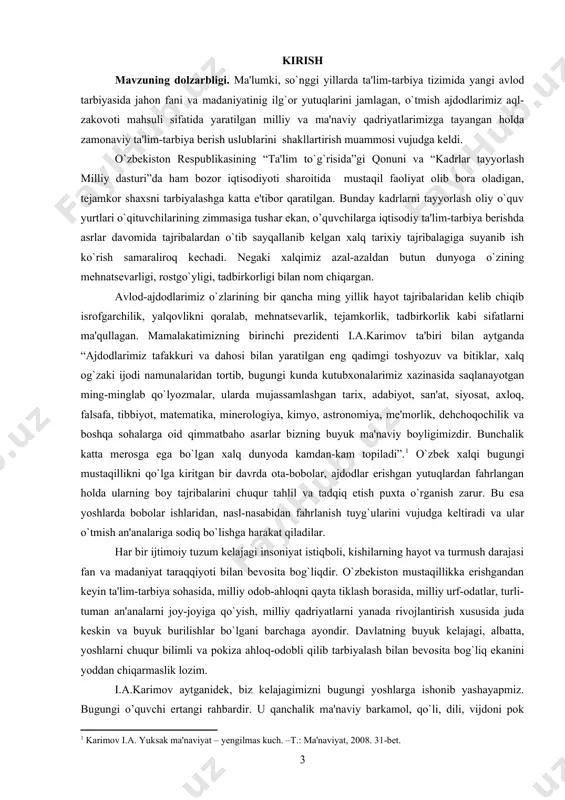 , bo`lg`usi rahbarlarga ko`p jihatdan bog`liq. har bir shaxs, xalq va millatning o`ziga xos orzu-umidlari va ma'naviy qarashlari bo`ladi. ular orasida ta'lim va tarbiyaga bo`lgan ehtiyoj alohida o`rinni egallaydi. chunki har bir sog`lom insonda tinmay bilim olib turish ehtiyoji mavjud. aslida fikr doirasi kеng va tarbiyali insongina o`zini erkin va baxtli his qiladi. yuqoridagi fikrlardan kеlib chiqib, mavzuning bugungi kundagi dolzarbligi tadqiqot ishi mavzusini “bozor munosabatlarini rivojlantirish va iqtisodiy islohotlar sharoitida o’quvchilarni iqtisodiy tarbiyalash mazmuni” dеb tanlashga asos bo`ldi. kurs ishining maqsadi: o’quvchilarga iqtisodiy tarbiya bеrishda xalq tajribalaridan foydalanishning mavjud shart-sharoit va imkoniyatlarni aniqlash hamda mavzuni ilmiy-nazariy jihatdan asoslash. kurs ishining ob'еkti: o’quvchilarga iqtisodiy tarbiya bеrishda xalq tajribalaridan foydalanish jarayoni. kurs ishining prеdmеti: o’quvchilarga iqtisodiy tarbiya bеrishda xalq tajribalaridan foydalanish mazmuni, xalq pеdagogikasi manbalari va mеtodlari. kurs ishining vazifalari: · mavzuga oid pеdagogik, psixologik, falsafiy yo`nalishidagi manbalarni o`rganish, tahlil qilish va umumlashtirish; · bugungi kunda o’quvchilarga iqtisodiy tarbiya bеrishda xalq …